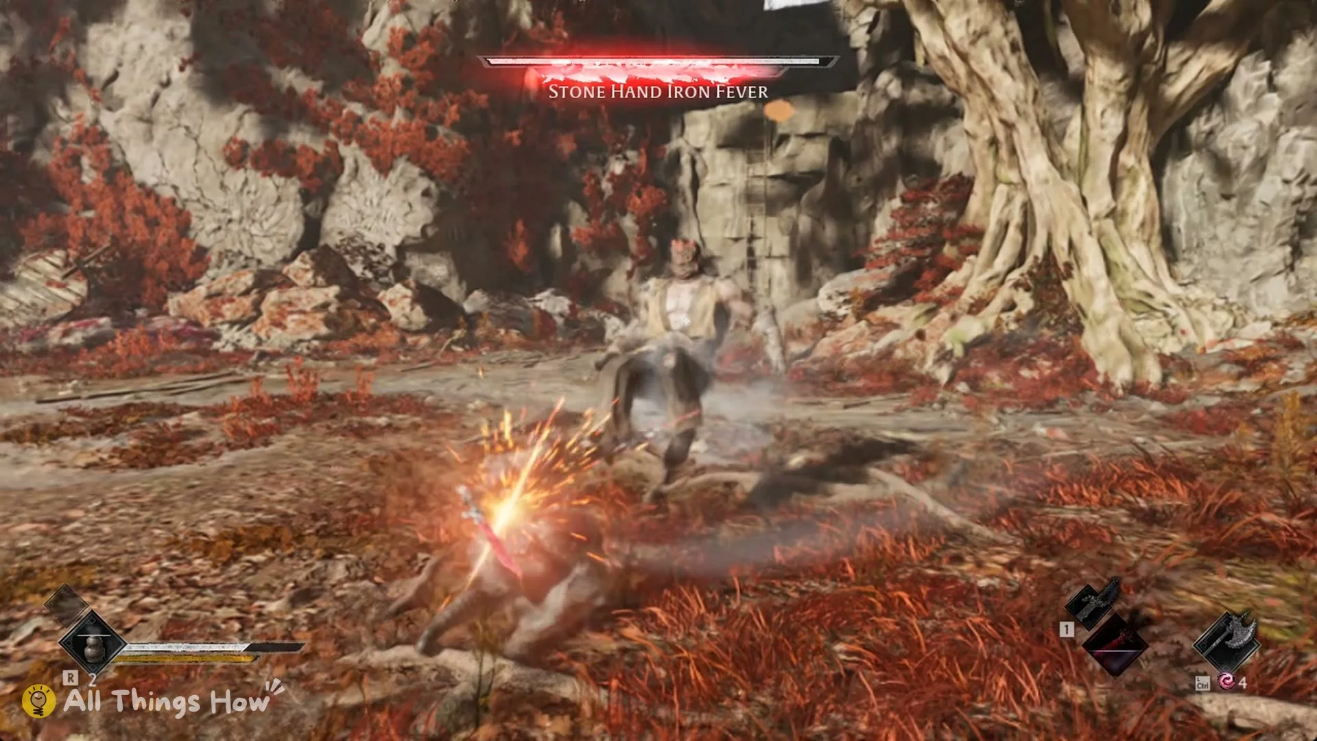Red flash and sparks as Stone Hand Iron Fever's leaping blow lands, Phantom Blade Zero