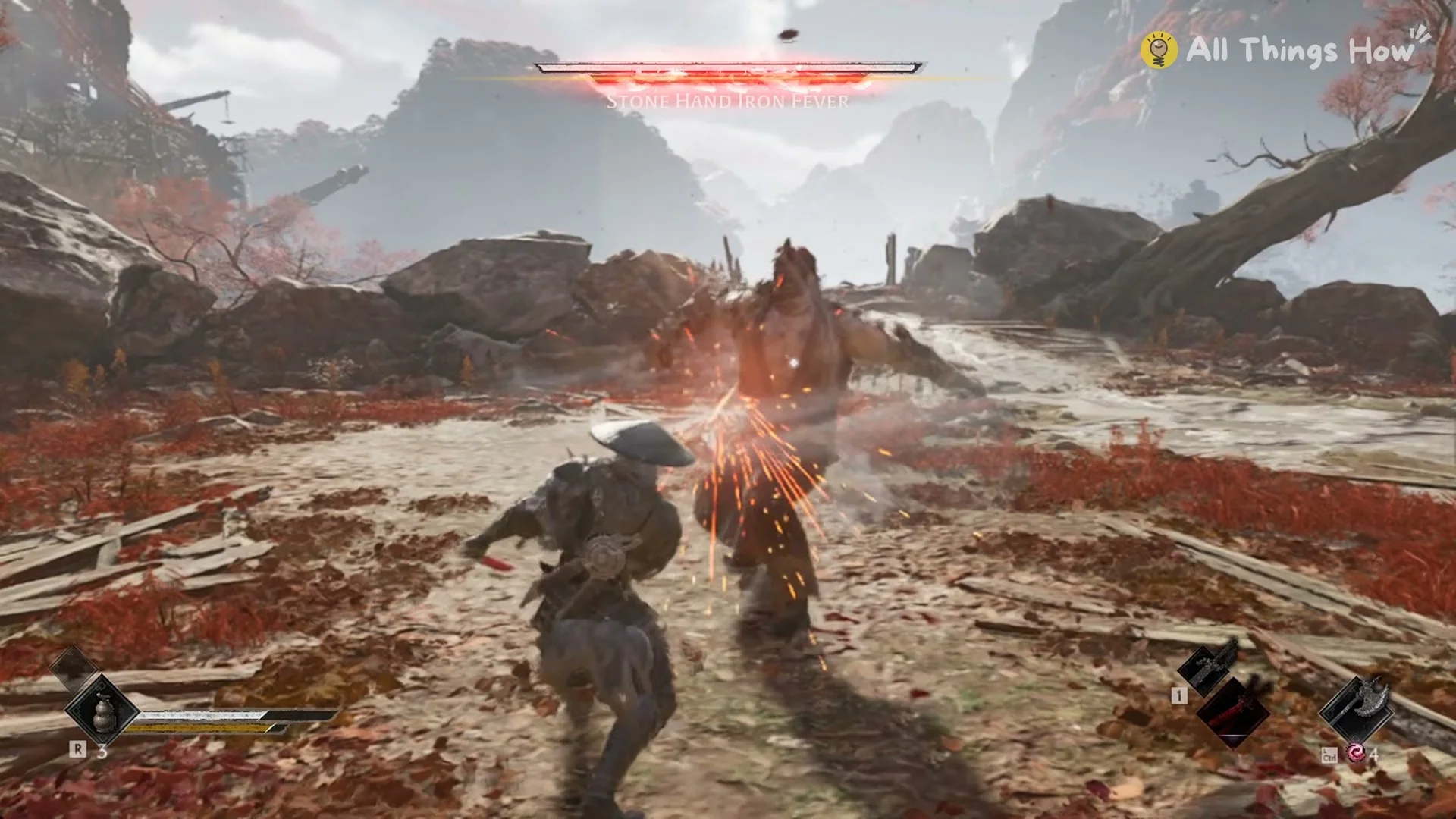 Red flash on Stone Hand Iron Fever's name bar as he closes in, Phantom Blade Zero