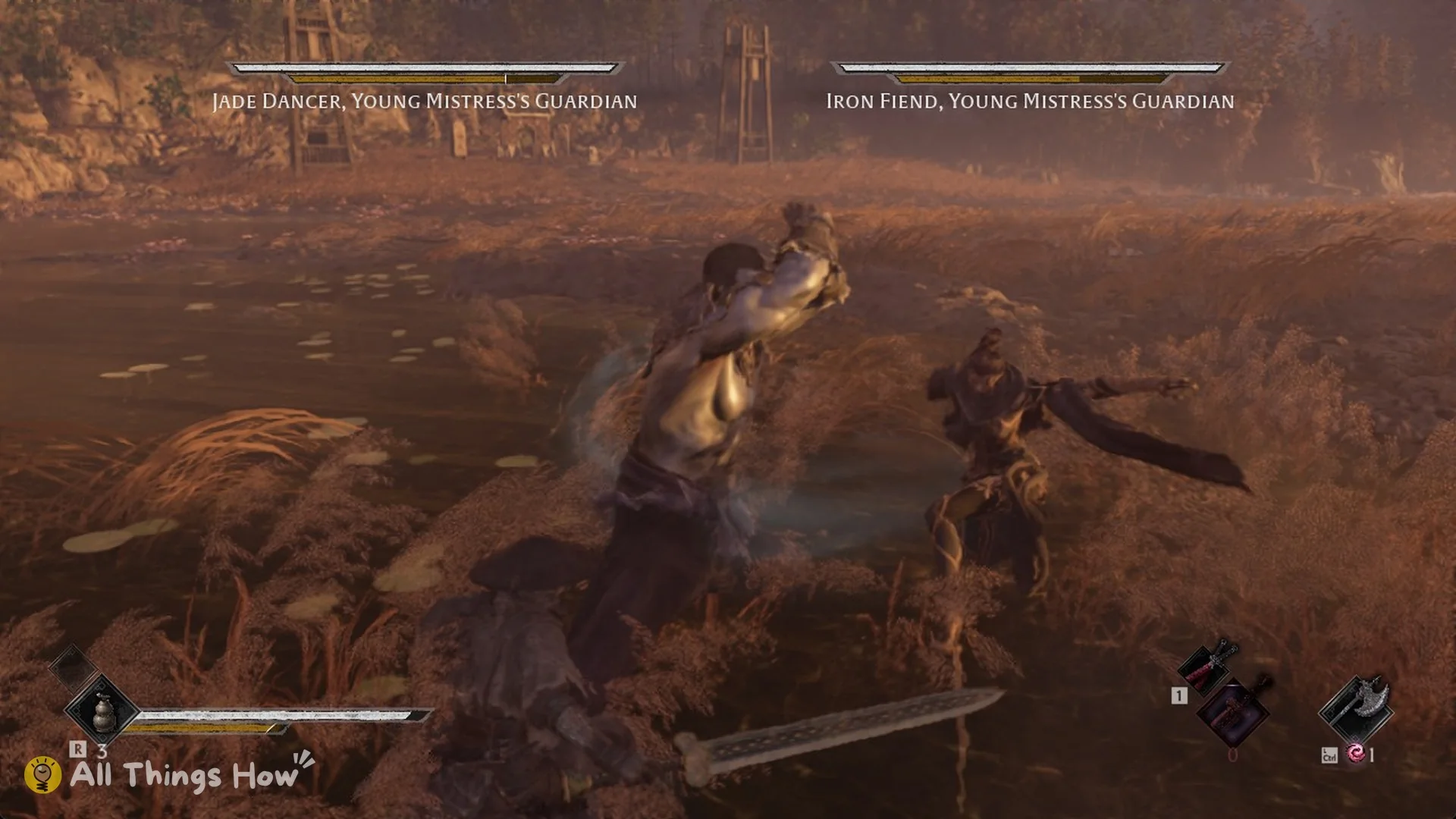 Iron Fiend throwing a heavy punch at Soul beside Jade Dancer, Phantom Blade Zero