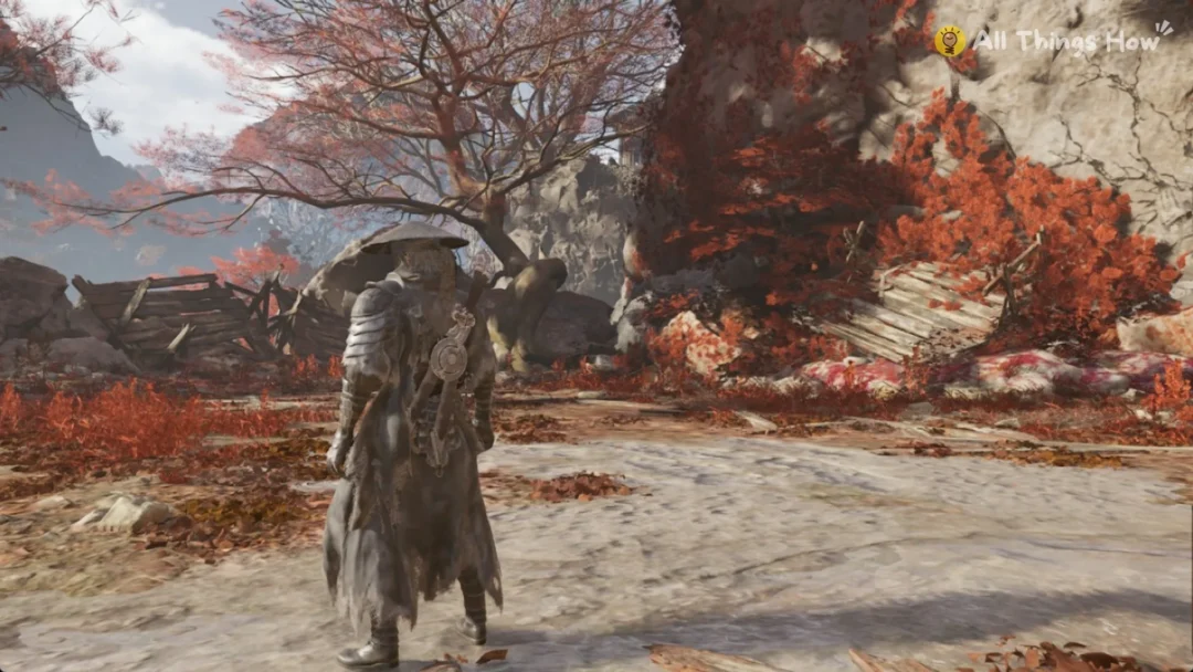 Soul in a Crimson Forest clearing with red-leaved trees and broken scaffolds, Phantom Blade Zero