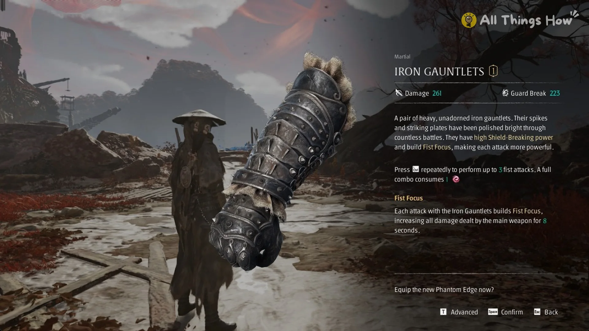 Iron Gauntlets reward card with Damage 261, Guard Break 223 and Fist Focus, Phantom Blade Zero