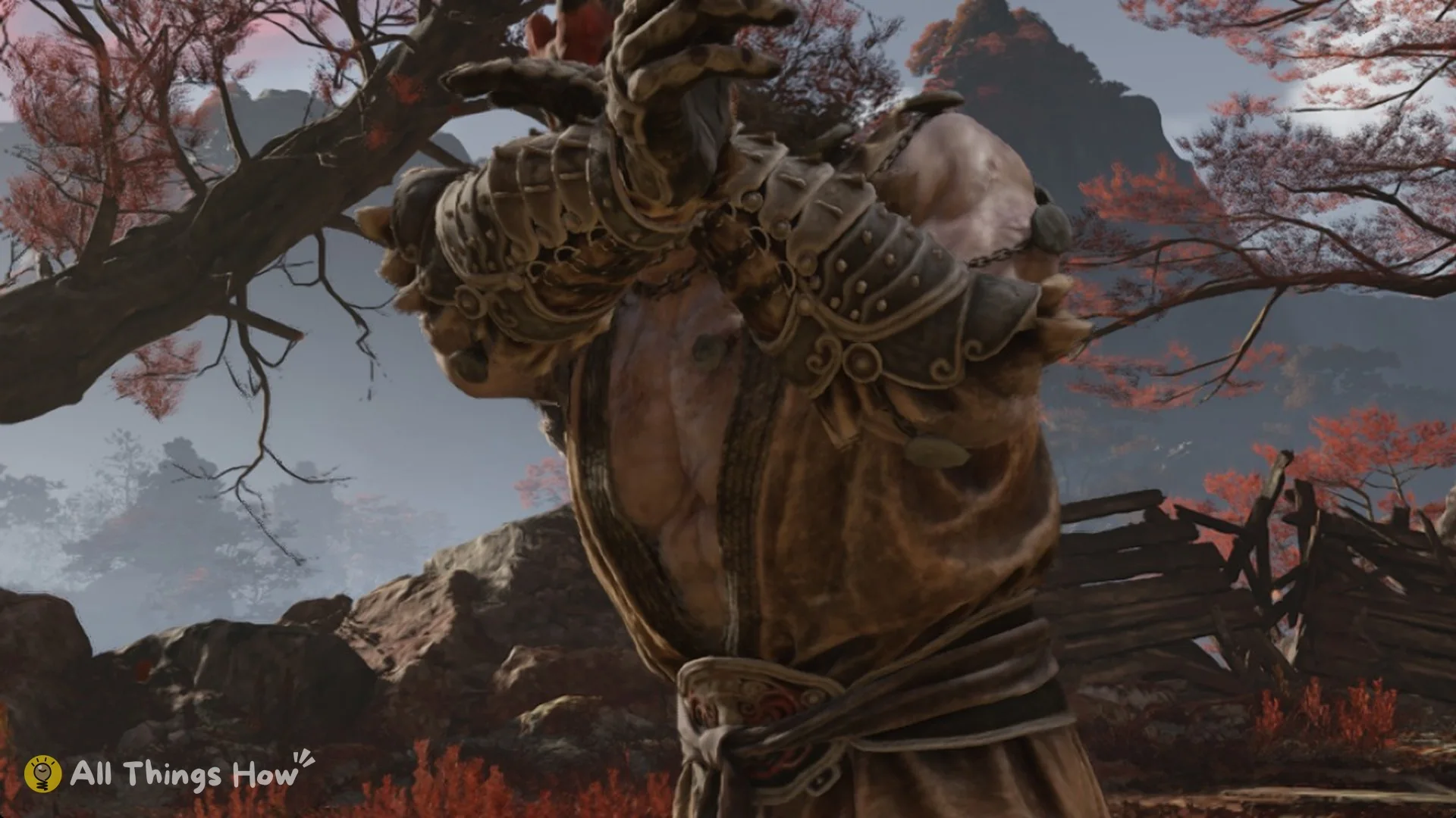 Stone Hand Iron Fever in his horned red mask raising an iron gauntlet, Phantom Blade Zero