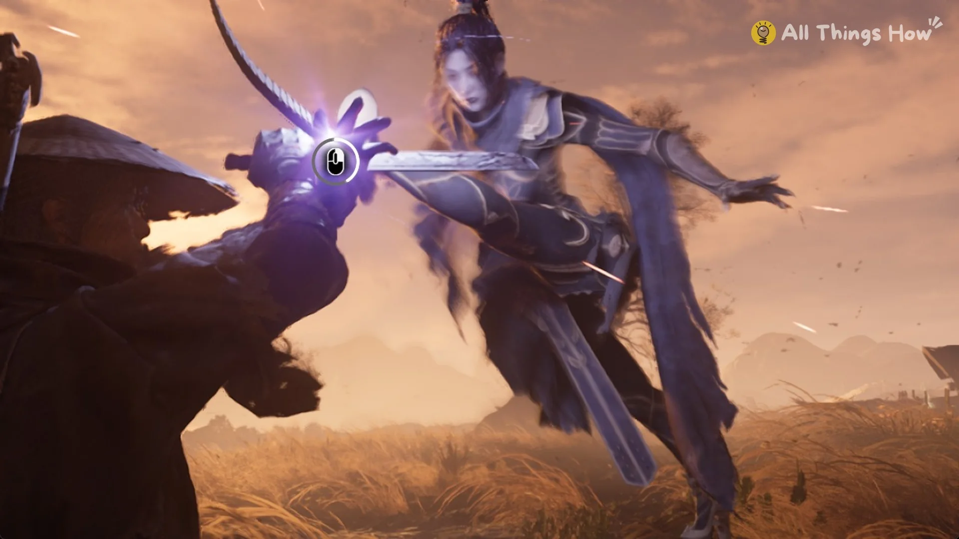 The mouse prompt over Jade Dancer's leap in the Iron Jade Strike, Phantom Blade Zero
