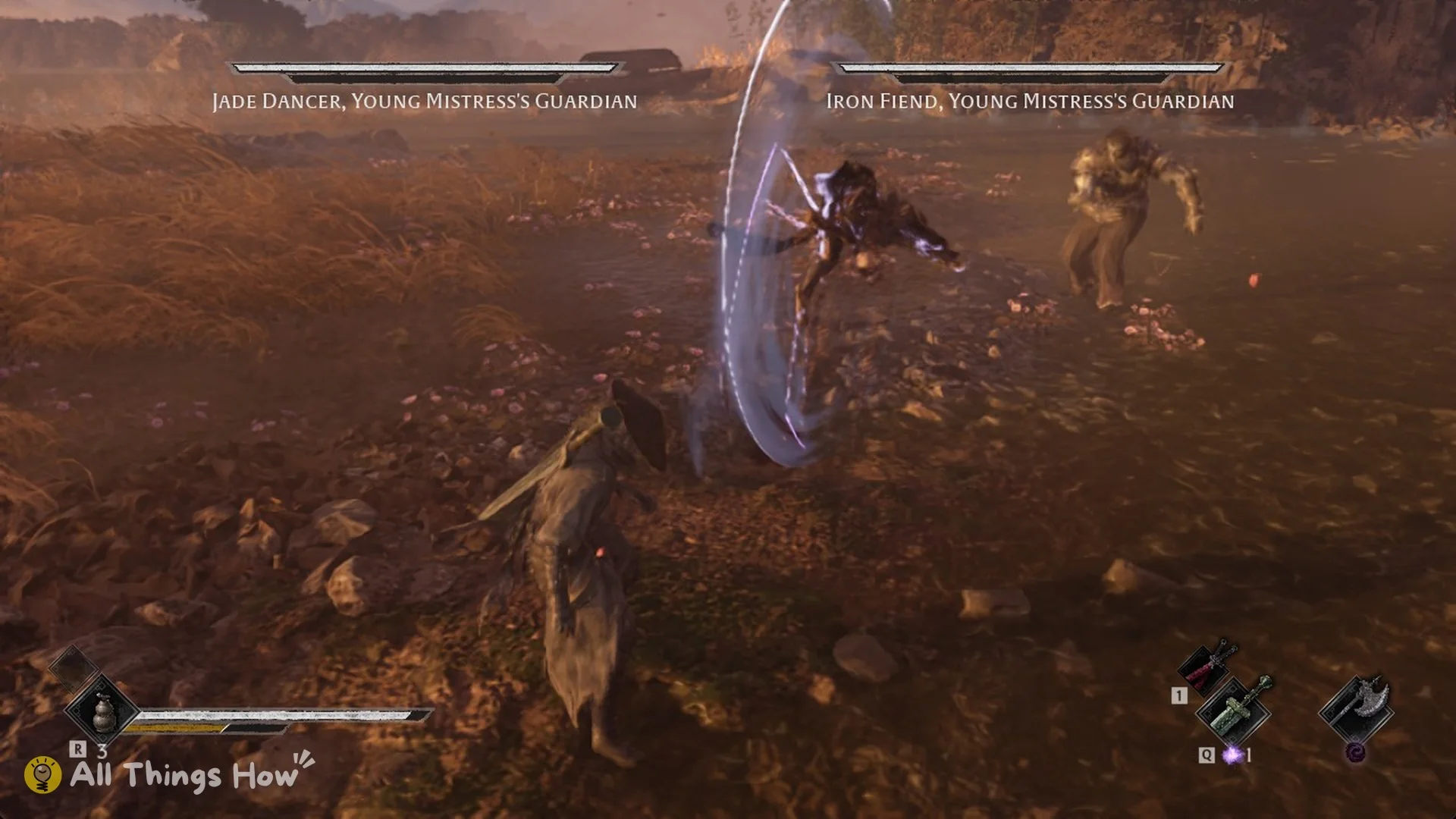 Jade Dancer swinging a blue crescent kick while Iron Fiend closes in, Phantom Blade Zero