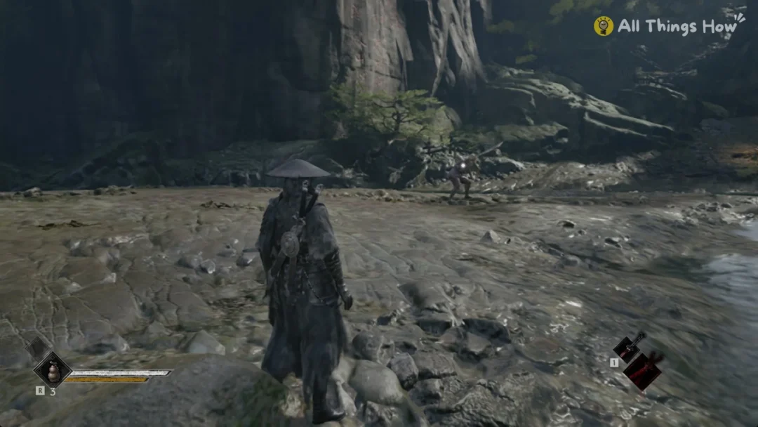 Soul facing Jagged Steel, the Frenzied Brute across the riverbed in Phantom Blade Zero