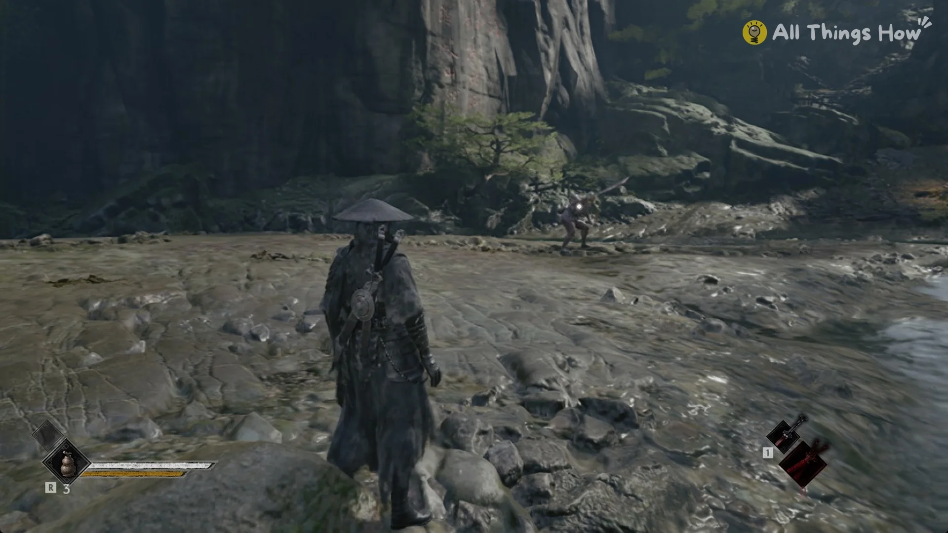 Soul facing Jagged Steel, the Frenzied Brute across the riverbed in Phantom Blade Zero