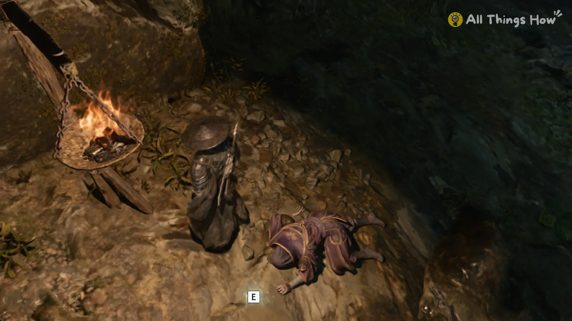 The E prompt beside the corpse under the hanging fire basket past the Red Thread Barrier stair in Phantom Blade Zero