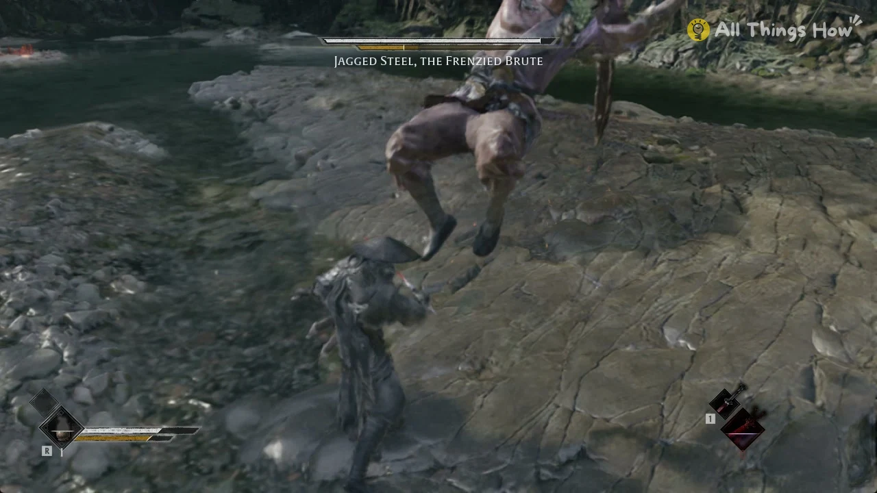Hatted swordsman stands on flat rock as a muscular brute jumps overhead, river and forest behind.