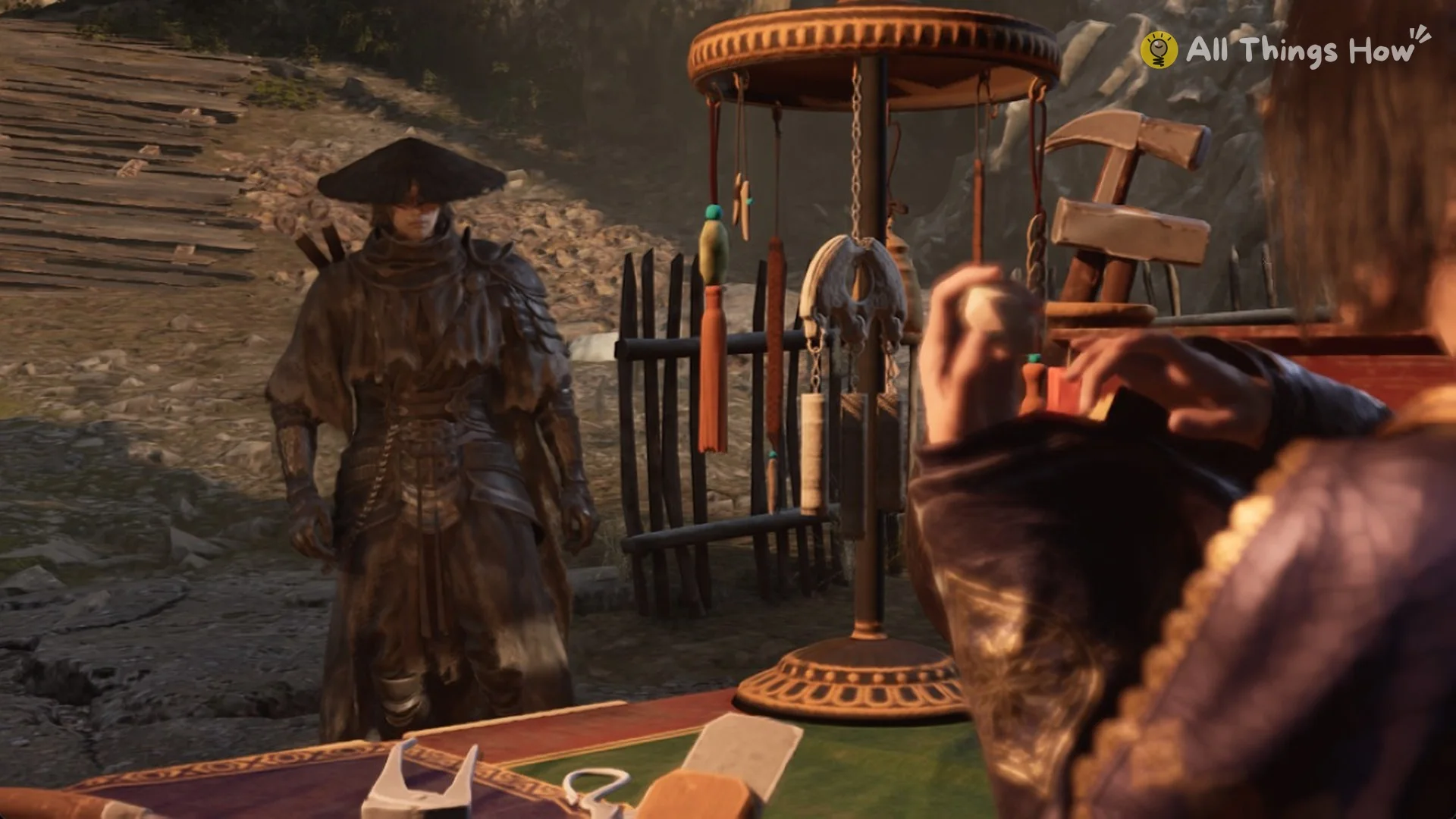 Soul arriving at Jewel's hut with its tool rack and red work table, Village of Lu, Phantom Blade Zero