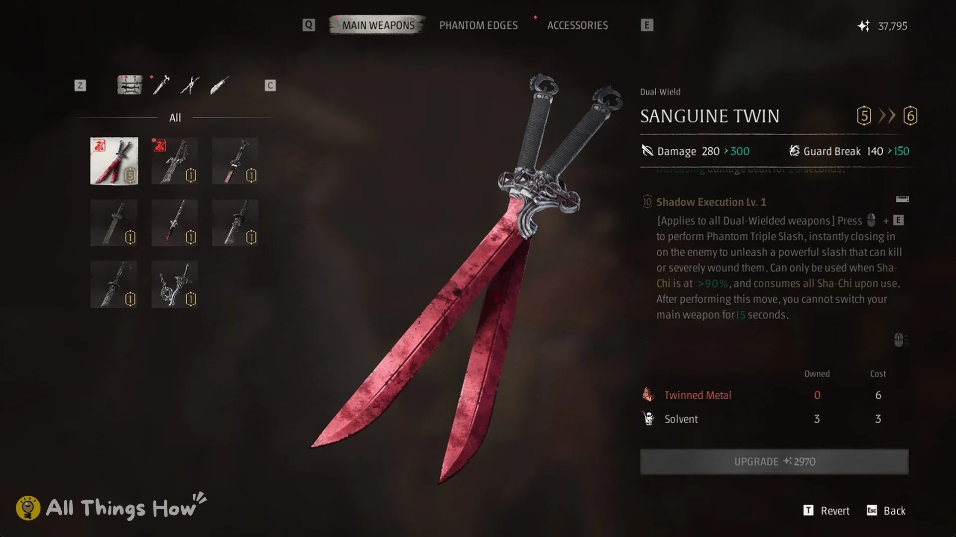 Jewel's Main Weapons tab with the Sanguine Twin level 5 to 6 upgrade, Phantom Blade Zero