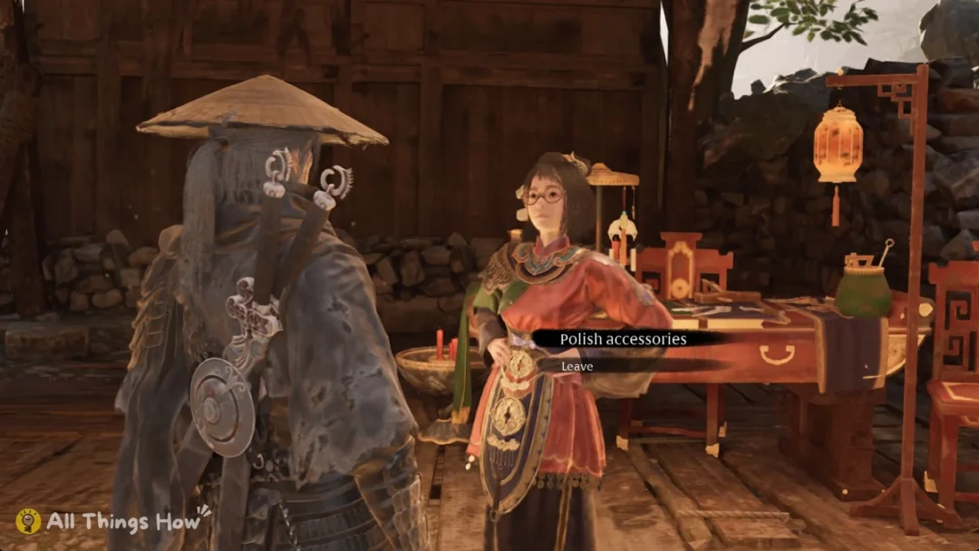 Soul at Jewel's hut with the Polish accessories and Leave options, Phantom Blade Zero