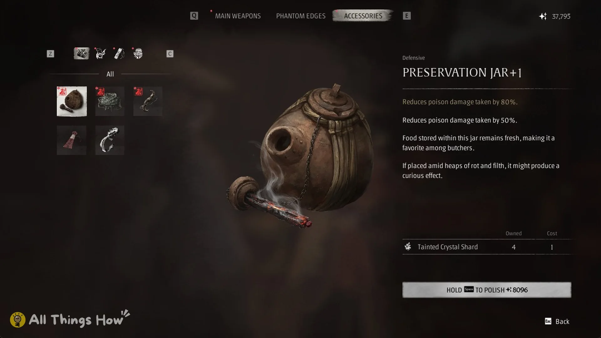 Jewel's polish menu showing Preservation Jar+1, reduces poison damage taken by 80 percent, for 8096 Remnant Dust, Phantom Blade Zero