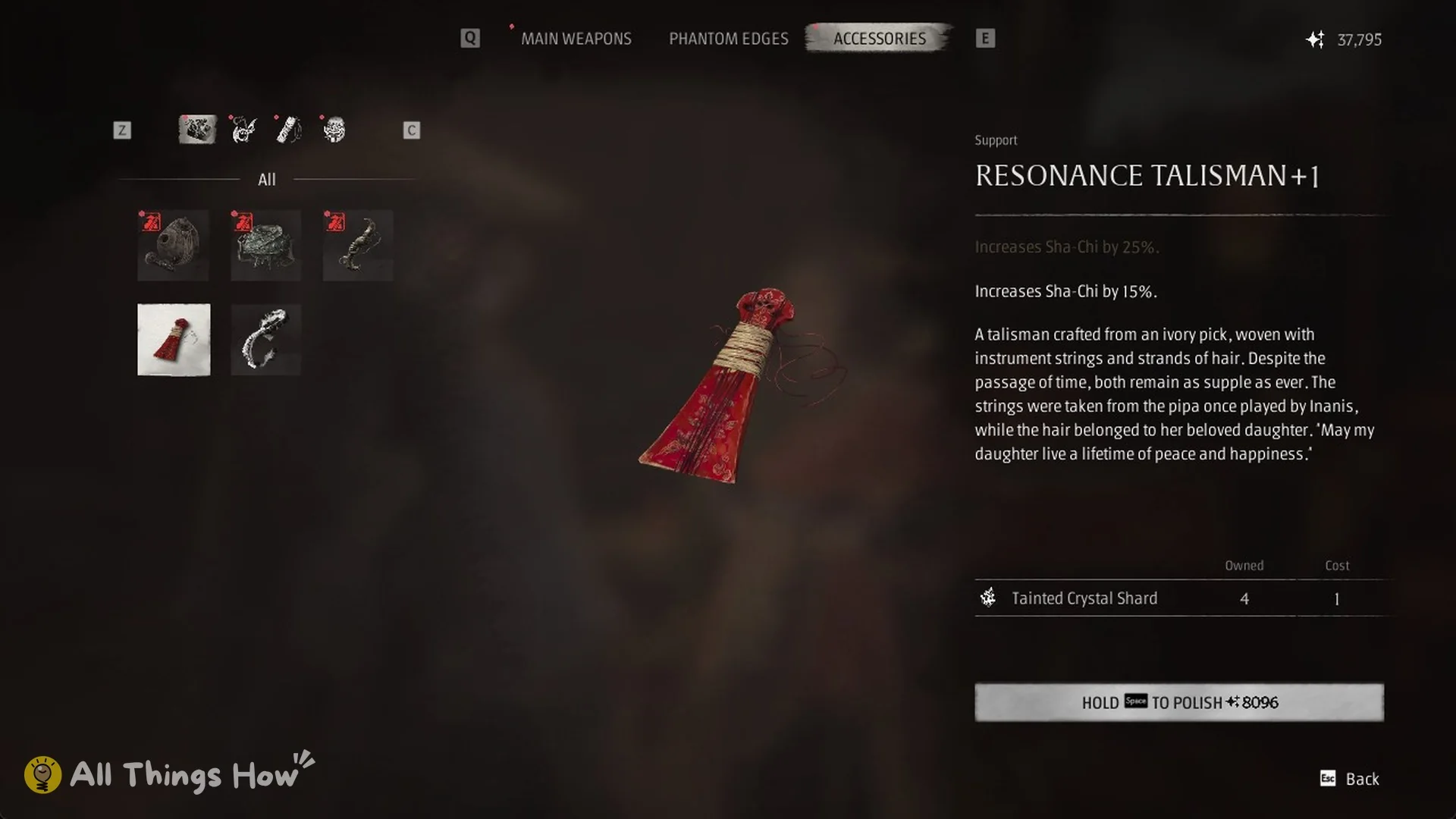 Jewel's polish menu showing Resonance Talisman+1, increases Sha-Chi by 25 percent, for 8096 Remnant Dust, Phantom Blade Zero