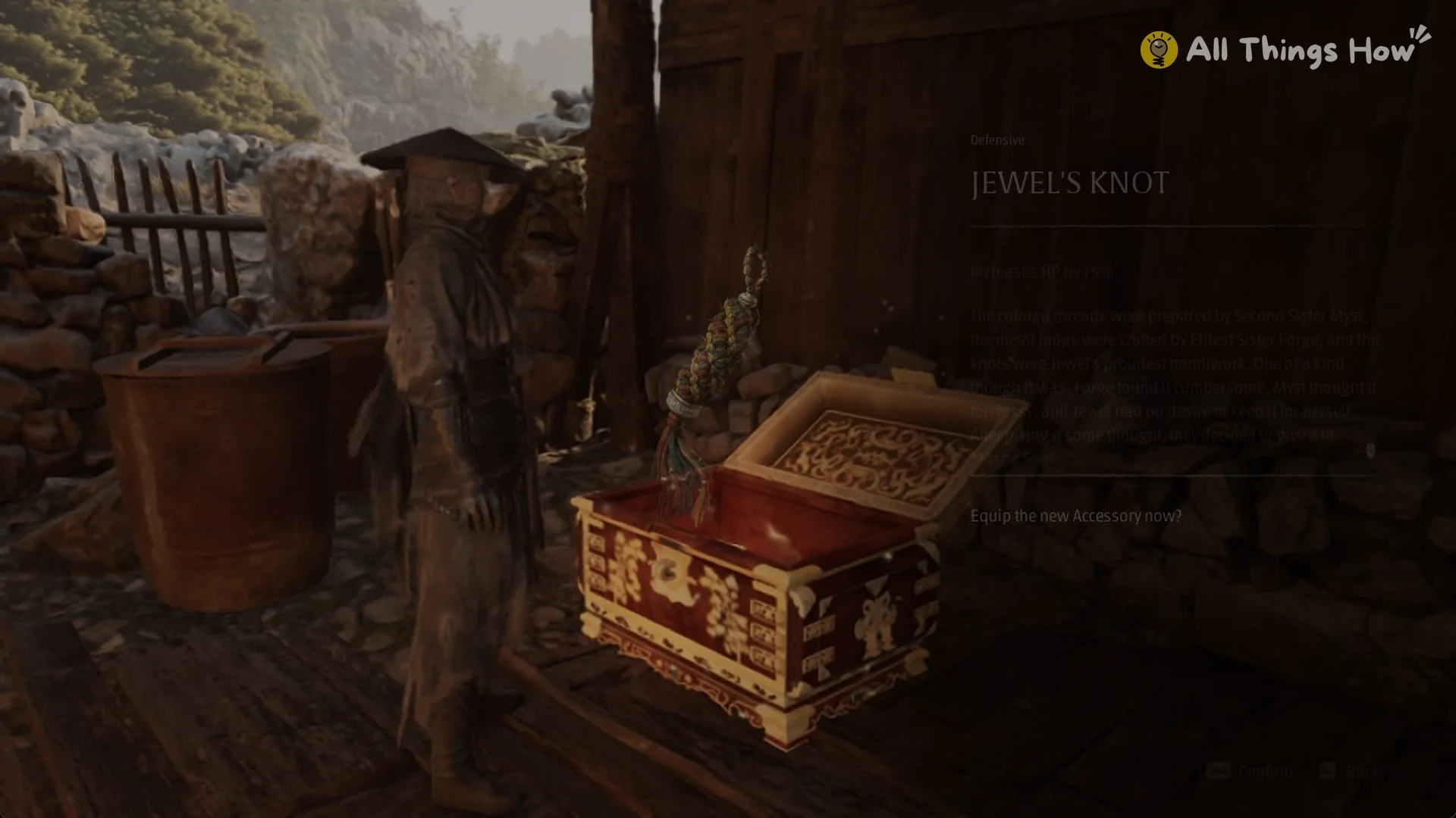 Soul opening the red and gold chest beside Jewel's hut, Village of Lu, Phantom Blade Zero