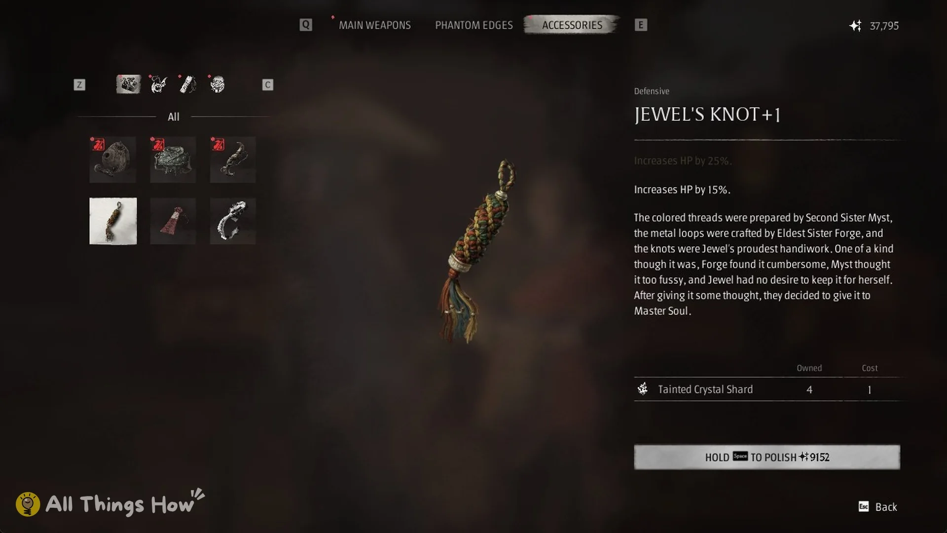Jewel's Knot in Jewel's Polish accessories menu, Increases HP by 15% to 25% for 1 Tainted Crystal Shard and 9,152 Remnant Dust, Phantom Blade Zero