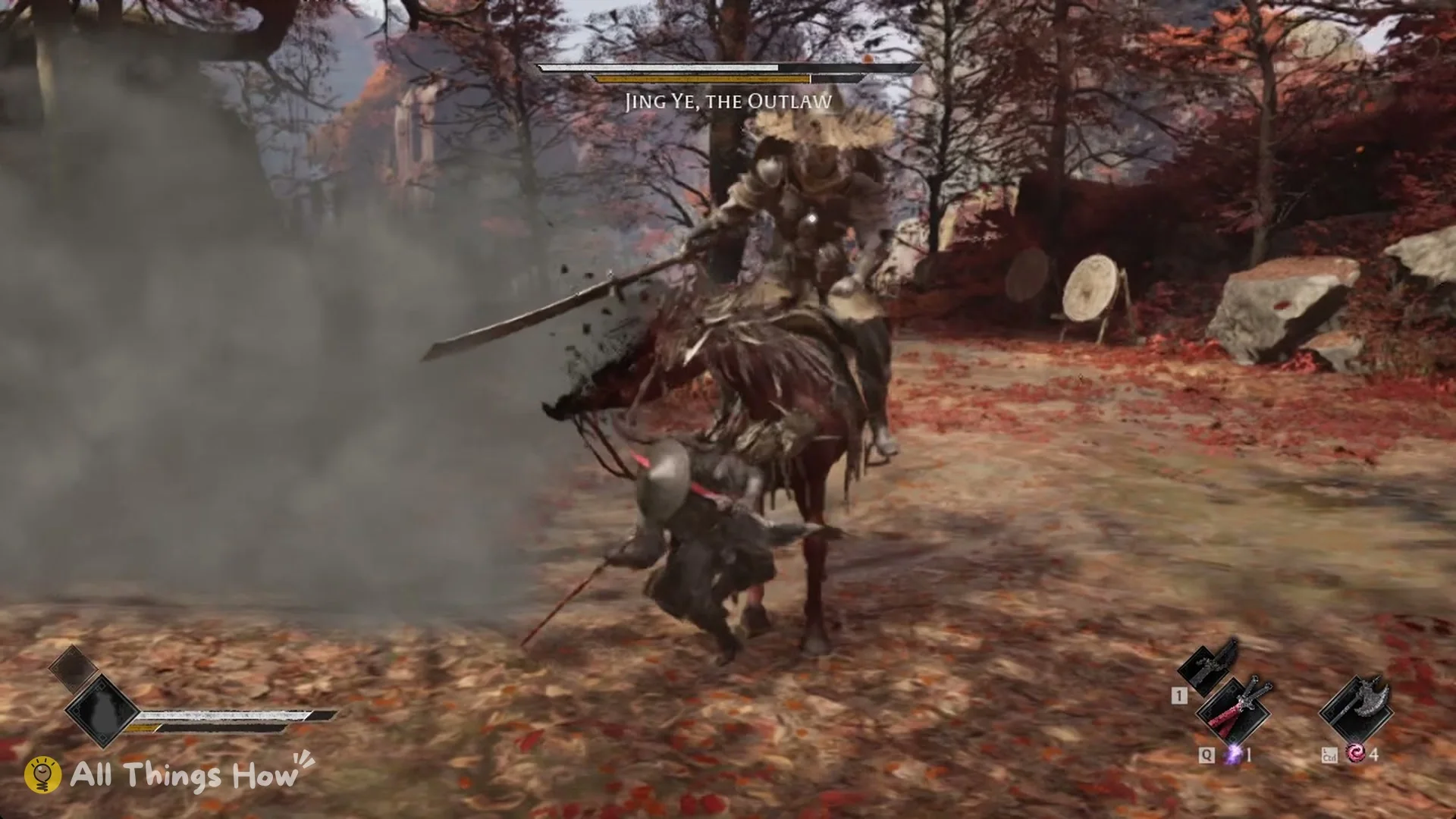 Jing Ye lunging with his blade from horseback through a cloud of dust, Phantom Blade Zero