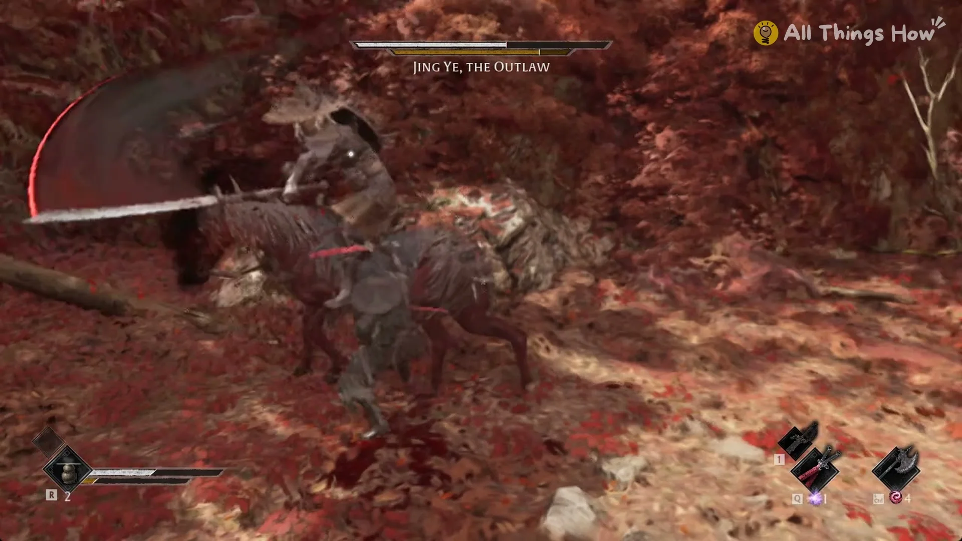 Jing Ye swinging his blade from the saddle with a red trail, Phantom Blade Zero