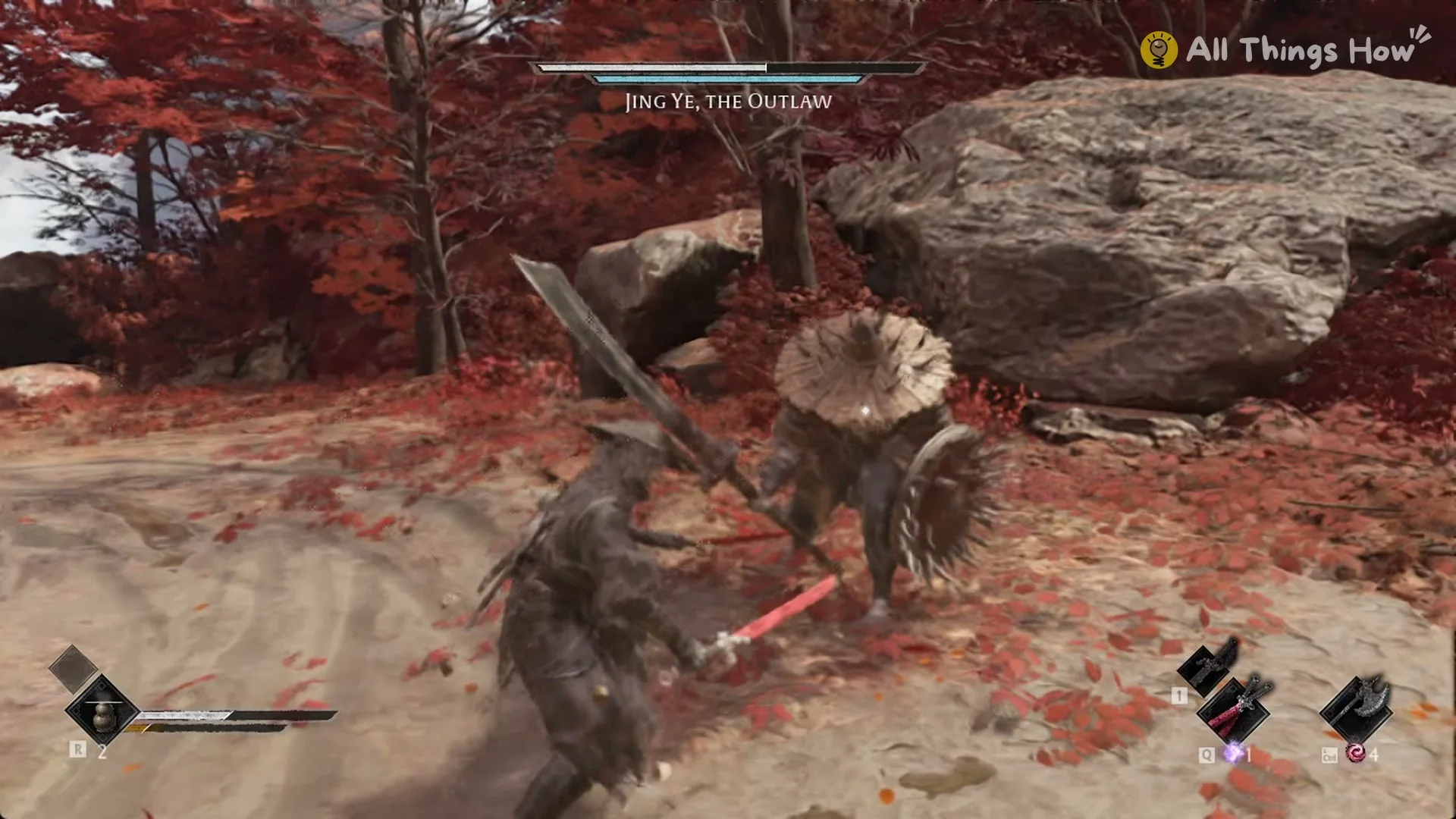 Jing Ye on foot with his spiked round shield and a blue bar under his name, Phantom Blade Zero
