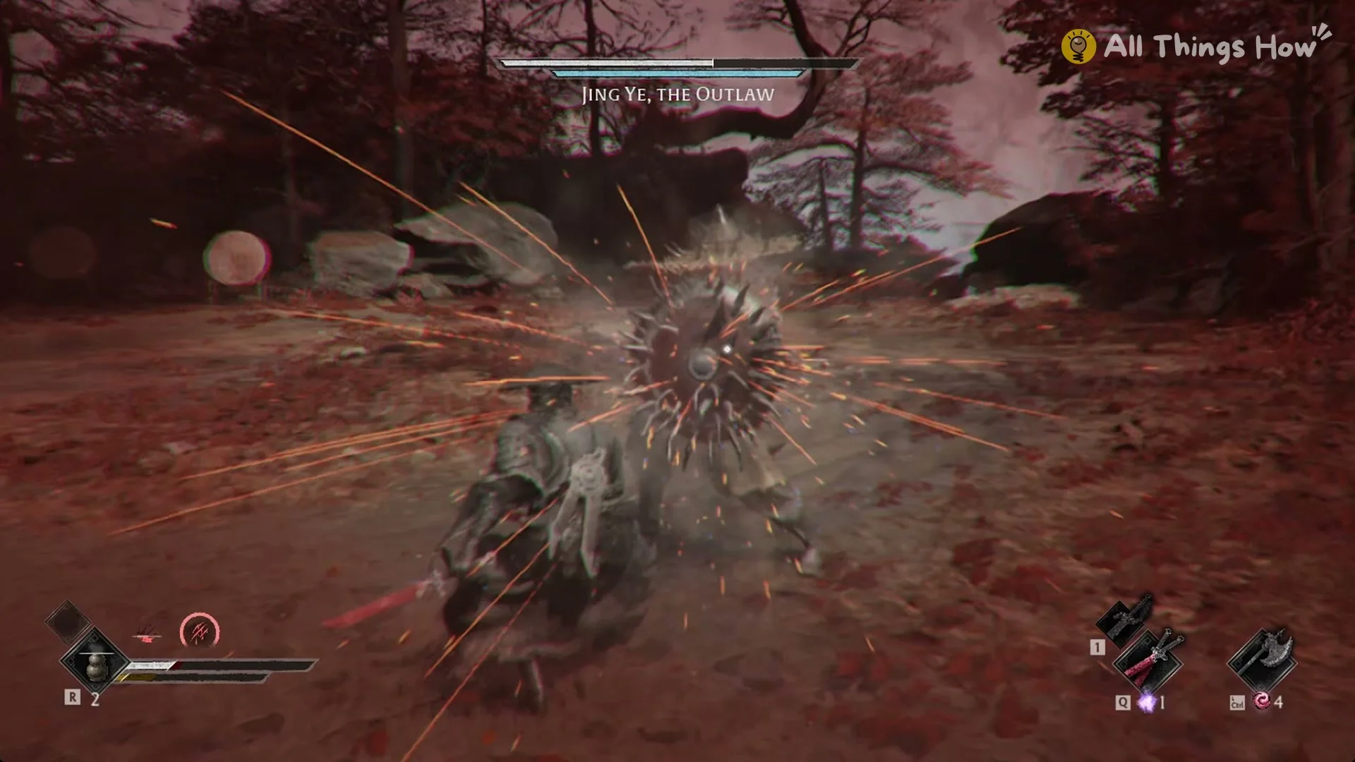 Soul striking Jing Ye's raised spiked shield in a shower of sparks, Phantom Blade Zero