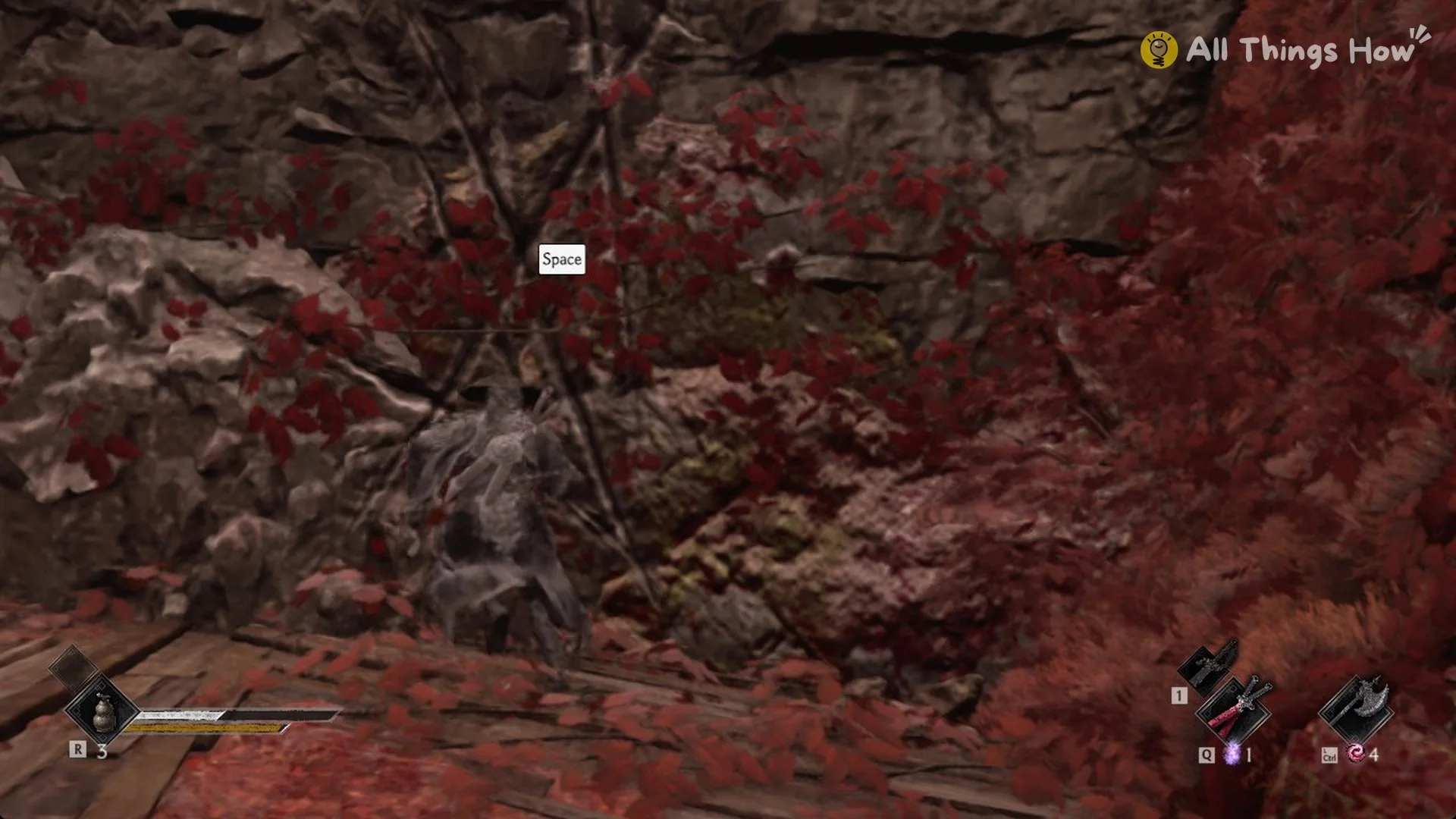 Space wall-run prompt on the rock face inside the pit east of Outlaw Trap in Phantom Blade Zero