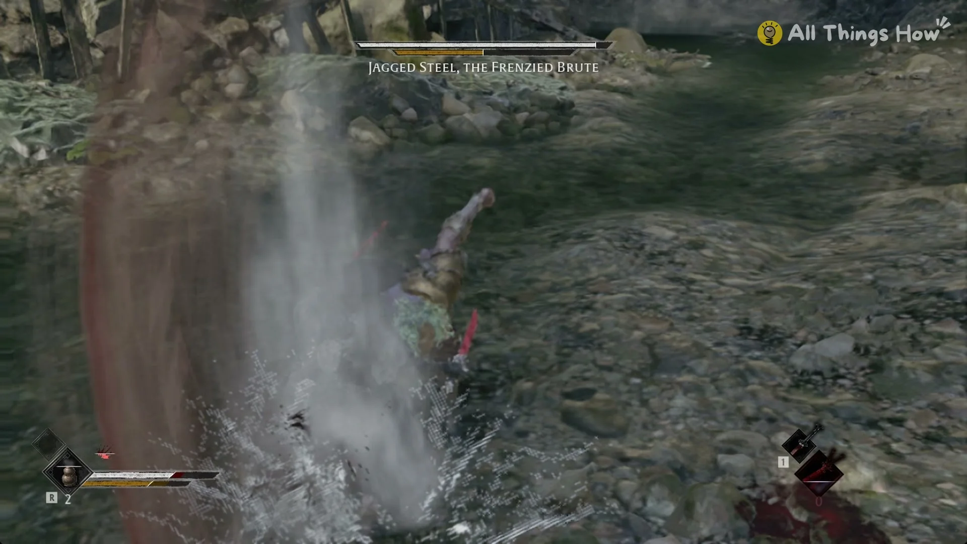 Jagged Steel, the Frenzied Brute slamming the riverbed and throwing up water in Phantom Blade Zero