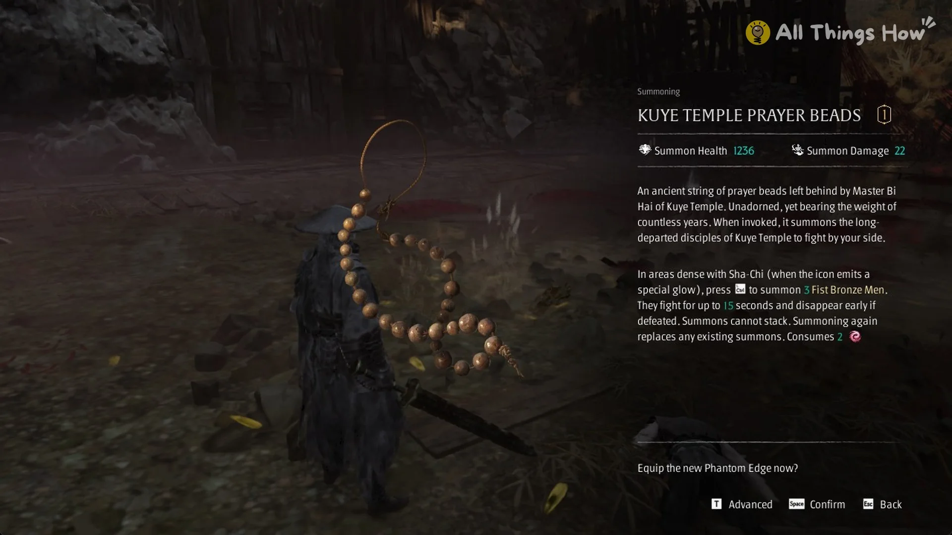 The Kuye Temple Prayer Beads Phantom Edge card with Summon Health 1236 and Summon Damage 22, Phantom Blade Zero