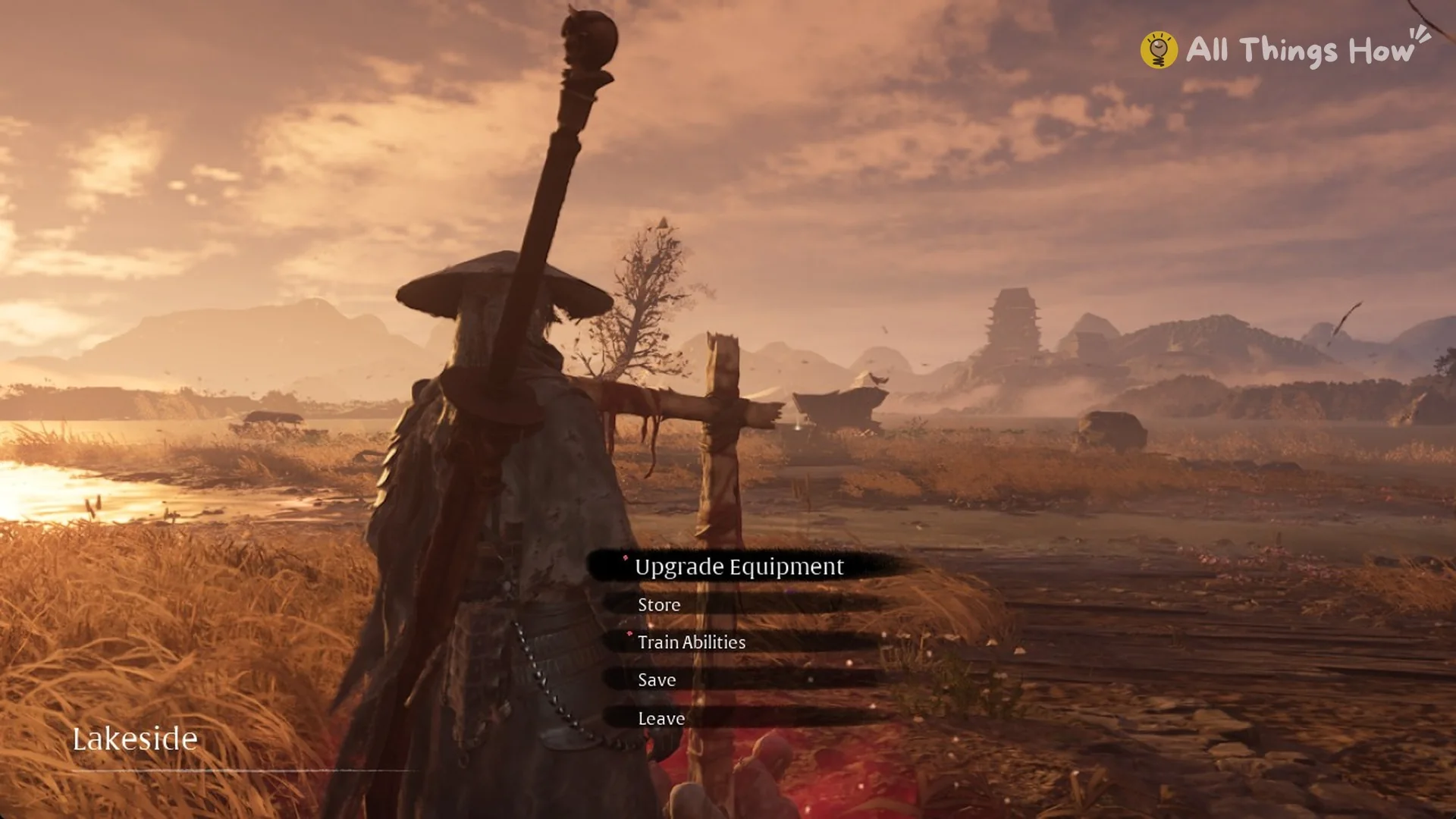 The Lakeside bell menu with Upgrade Equipment, Store, Train Abilities, Save and Leave, Phantom Blade Zero