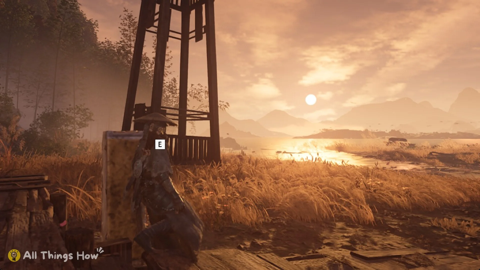 The lion-head stone post by the boardwalk that calls the lift, with the E prompt, Phantom Blade Zero