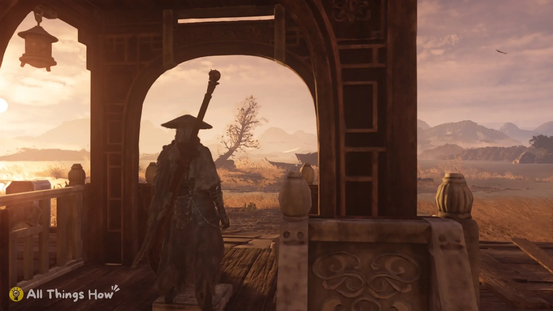 The lift cage arriving at the top above golden reeds and a lake at sunset, Phantom Blade Zero