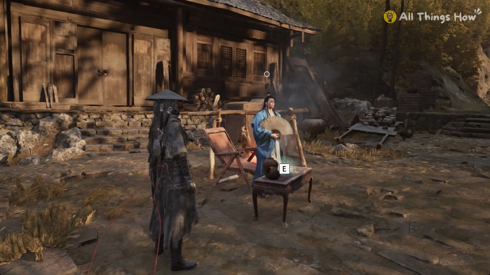 Soul approaching Lan Shaodi, the Blue-Clad Young Master, at his table in Young Master Lan's Hideout, Phantom Blade Zero