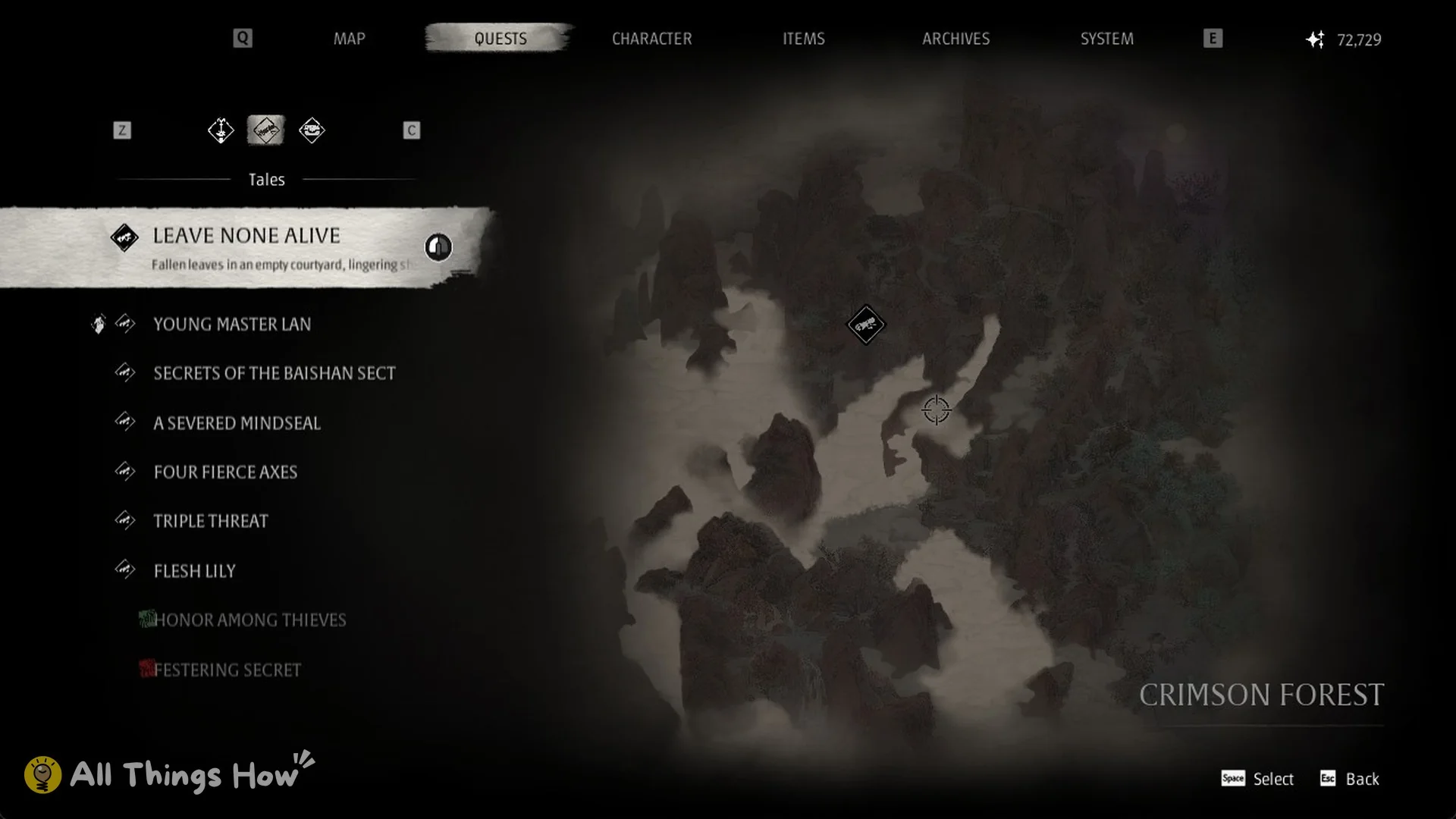 The Tales list with Leave None Alive at the top and its Crimson Forest map, Phantom Blade Zero