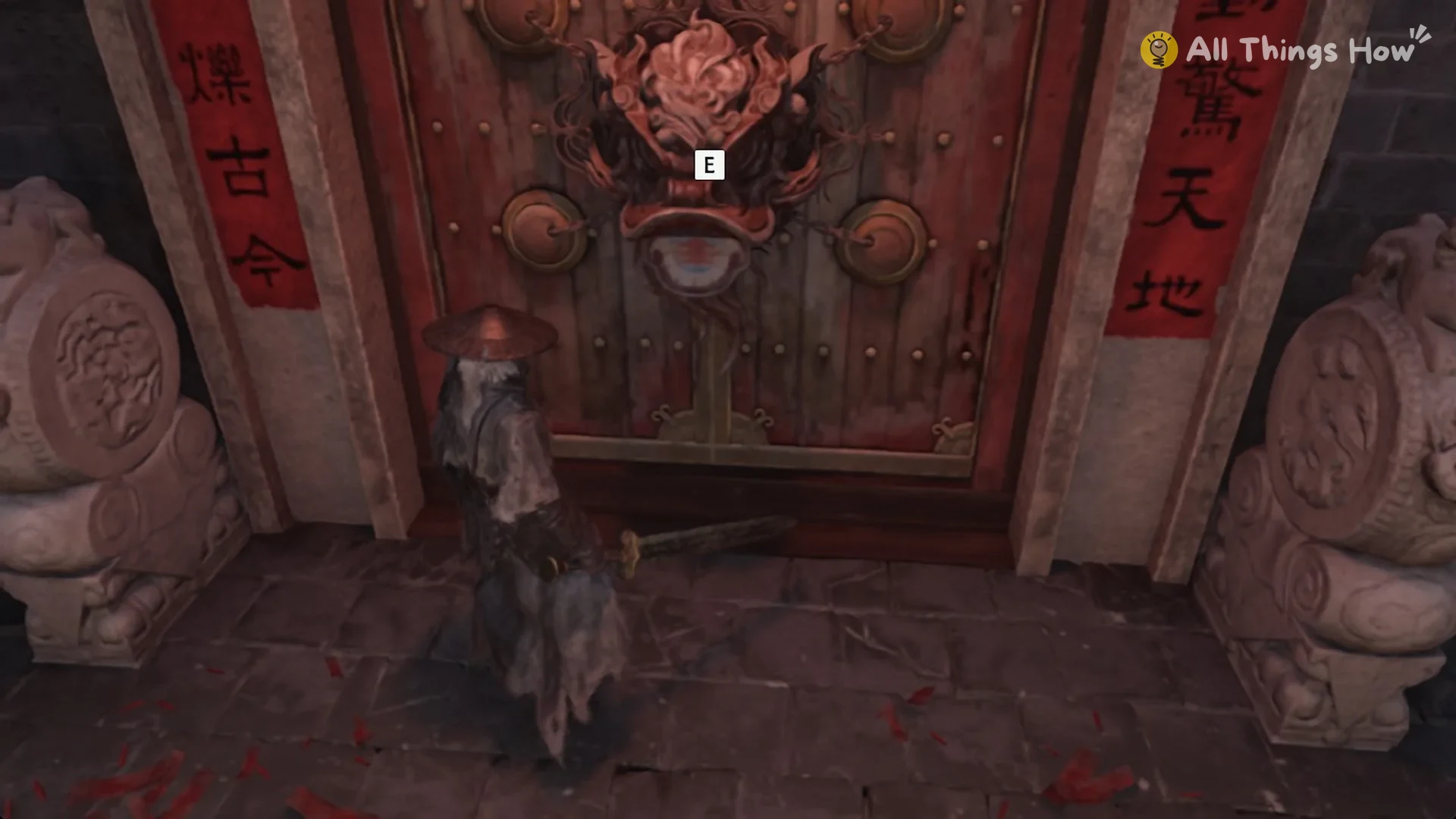 Soul at the red Lion Dance Hall gate with the E prompt on the lion-head knocker, Phantom Blade Zero