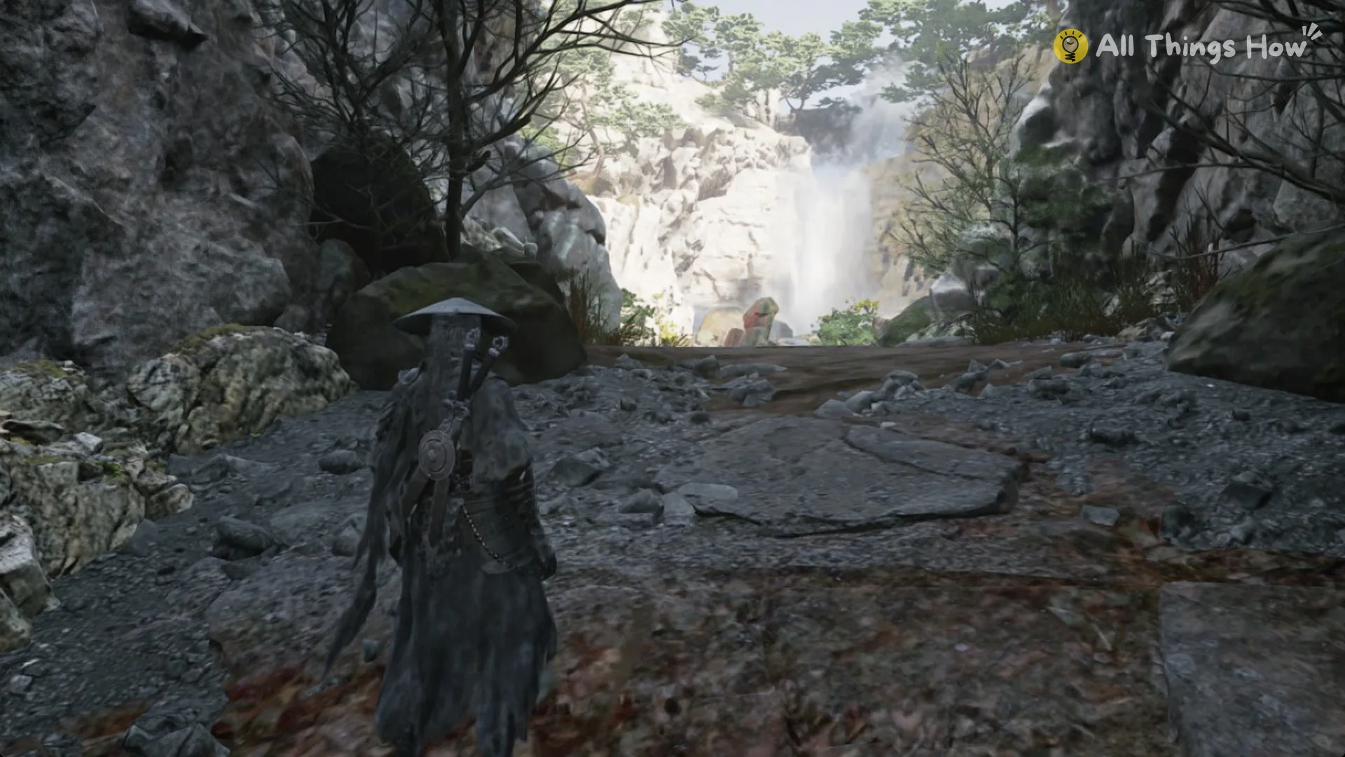 Soul on the ledge above the gorge facing the opening with the waterfall view, Phantom Blade Zero