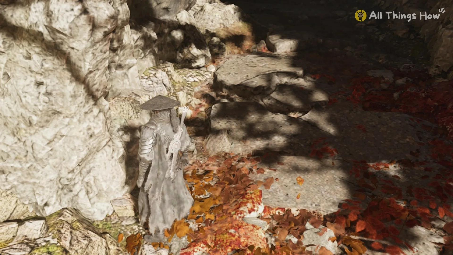 Shaded stone path rising behind the pale tree out of the Iron Fever clearing toward the gorge, Phantom Blade Zero