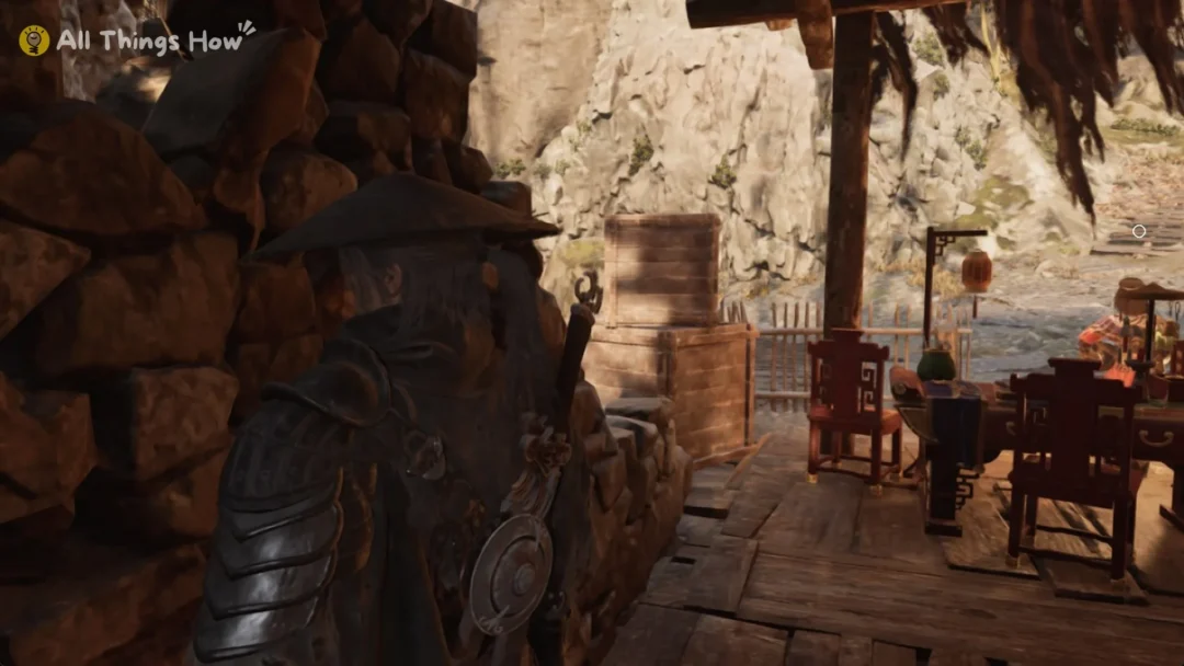 Soul under a wooden shelter with tables and chairs, Phantom Blade Zero