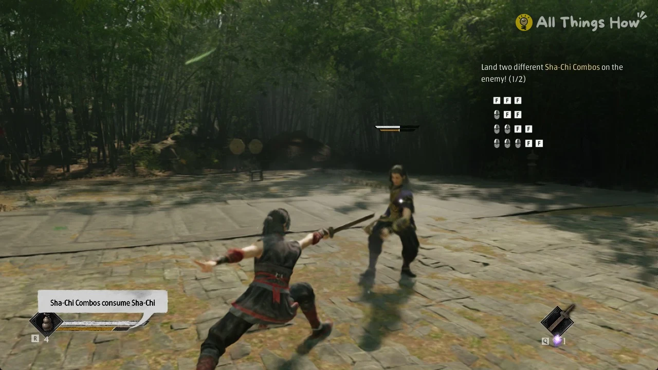 Phantom Blade Zero heroine lunging with a staff at Zuo Shang in a bamboo courtyard during the Sha-Chi Combo tutorial