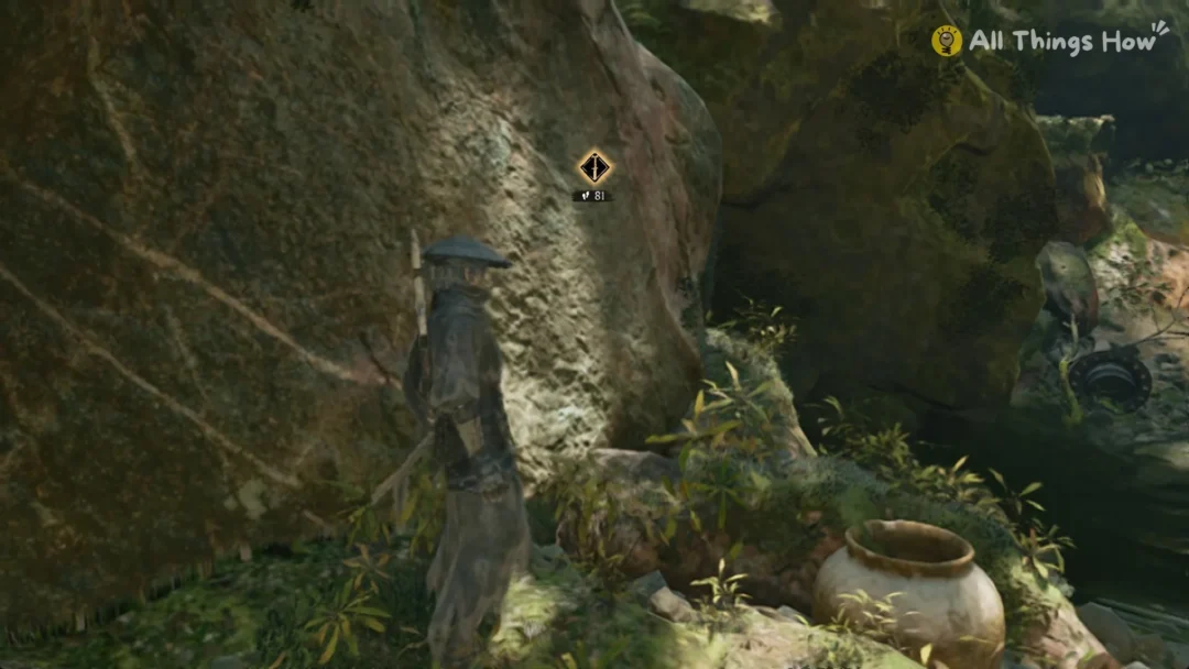 Soul below a rock face with the Mind's Eye quest marker and distance shown above in Phantom Blade Zero