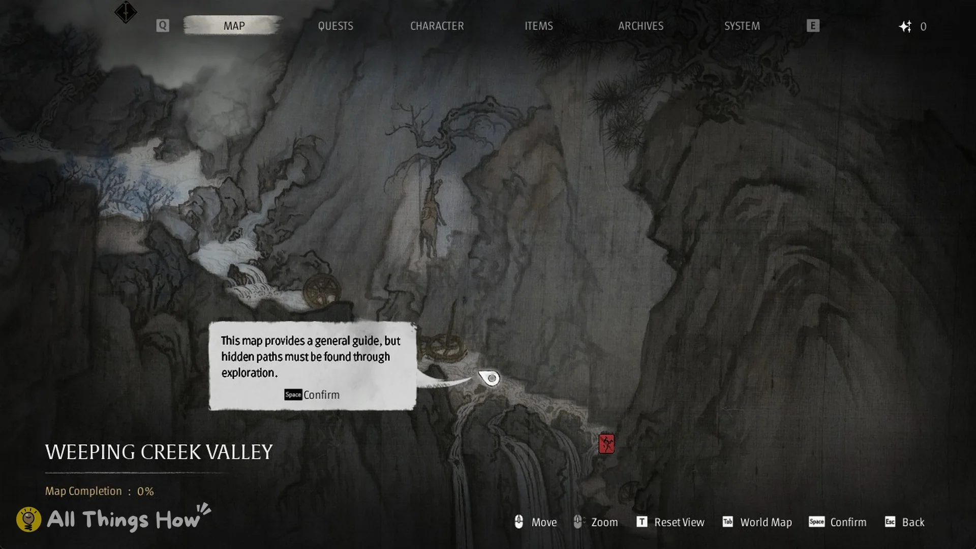 The first map screen with the tutorial bubble about hidden paths in Phantom Blade Zero