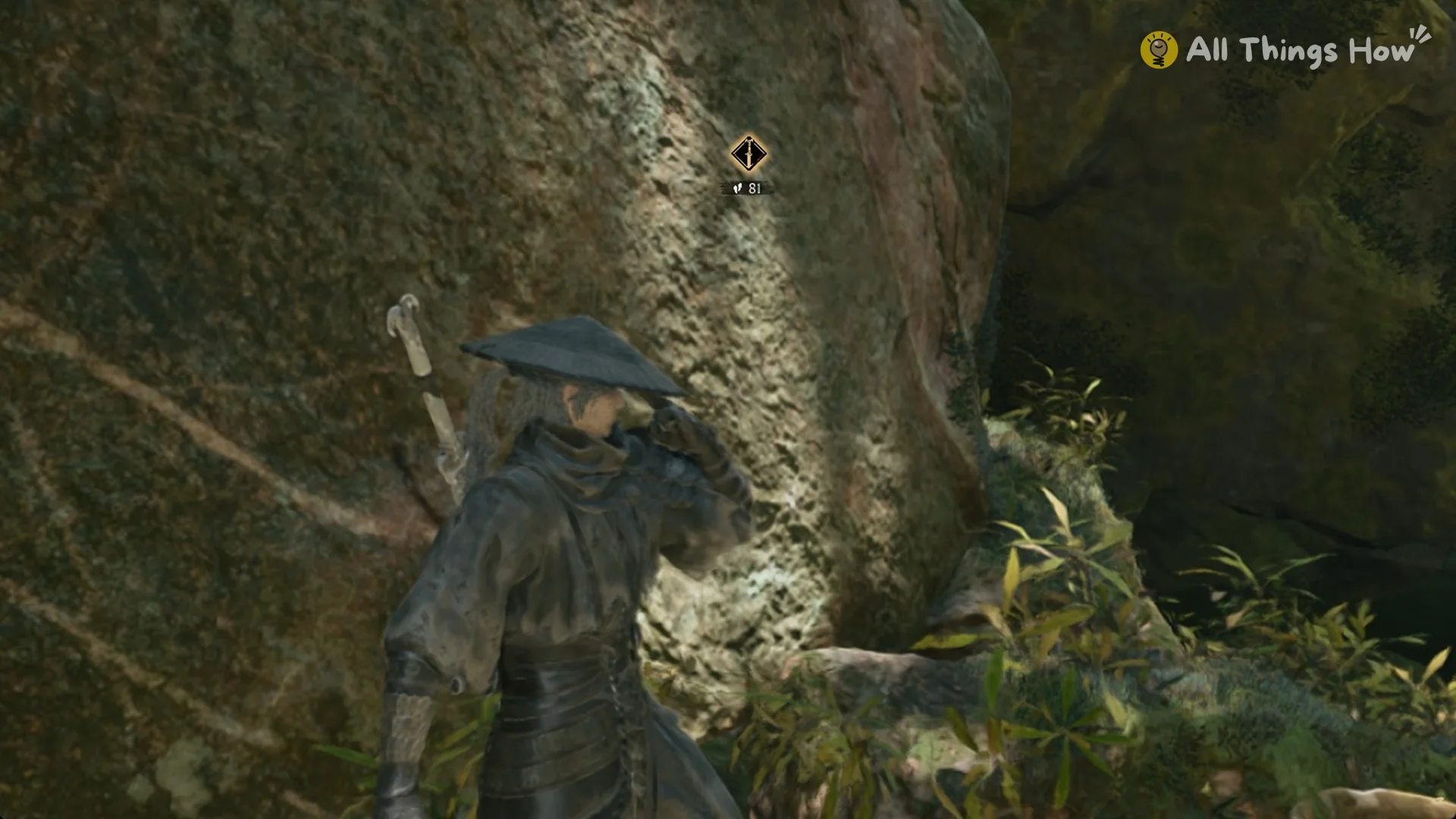 Mind's Eye showing the tracked quest marker and its distance on a rock face in Phantom Blade Zero