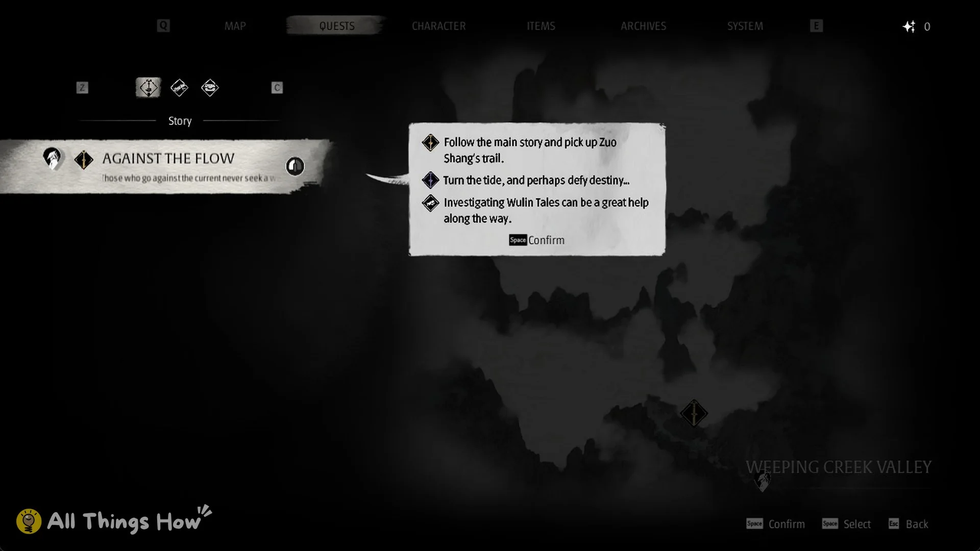 The Quests tab with the story quest Against the Flow and the tutorial line about Wulin Tales in Phantom Blade Zero