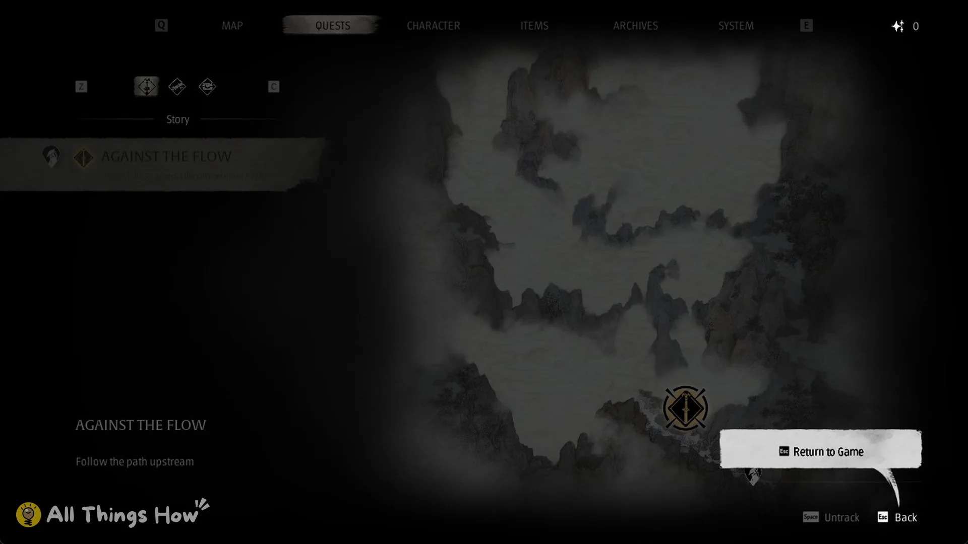 A tracked quest with the Untrack option and the Esc Return to Game prompt in Phantom Blade Zero