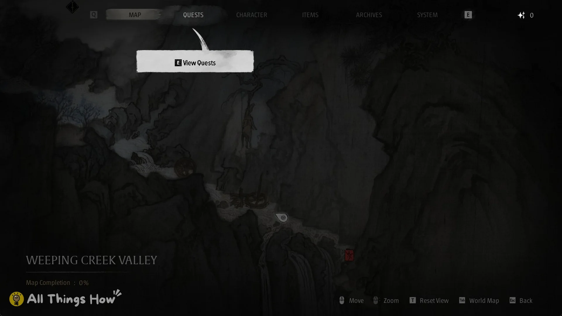 The E View Quests tutorial prompt on the map menu in Phantom Blade Zero