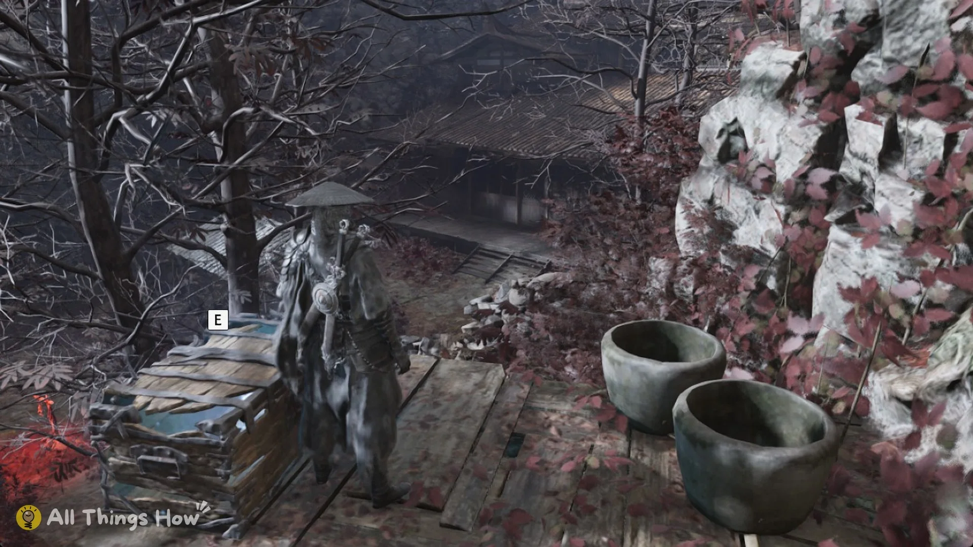 Chest beside two stone bowls on the cliff scaffold with the E prompt in Phantom Blade Zero