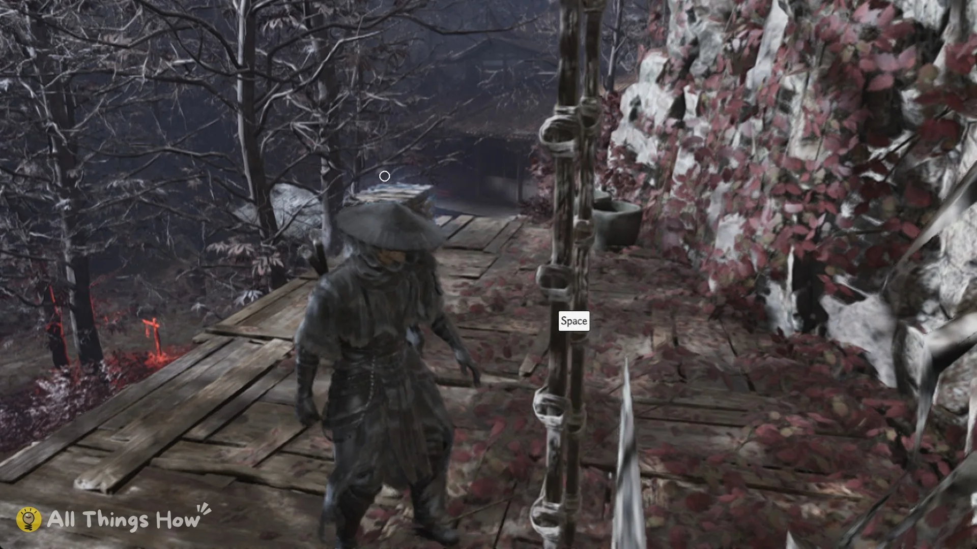Soul at the foot of the ladder on the cliff scaffold with the plank walkway ahead in Phantom Blade Zero