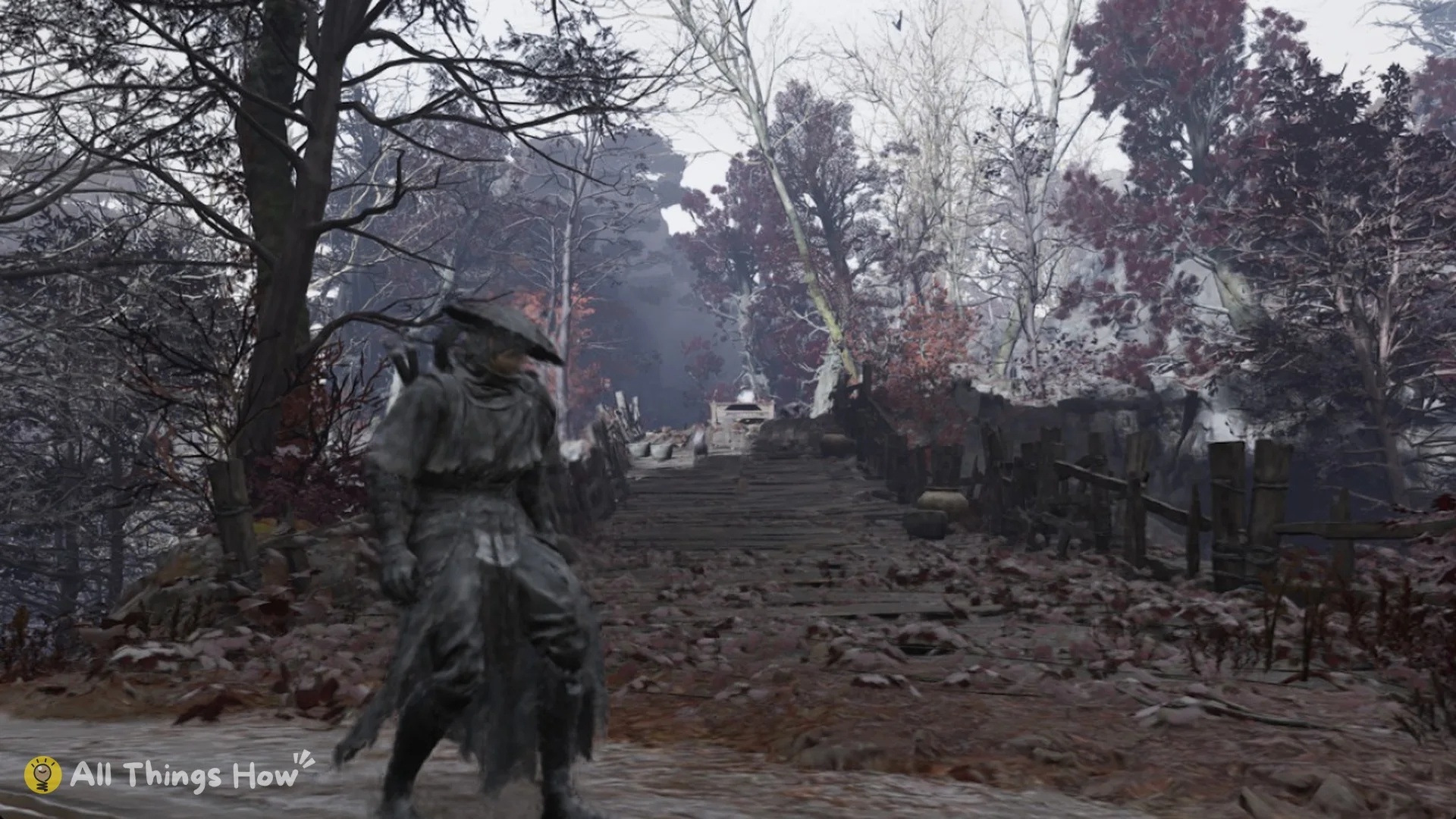 Fenced plank road climbing to the plateau above the Red Serpent House bell in Phantom Blade Zero