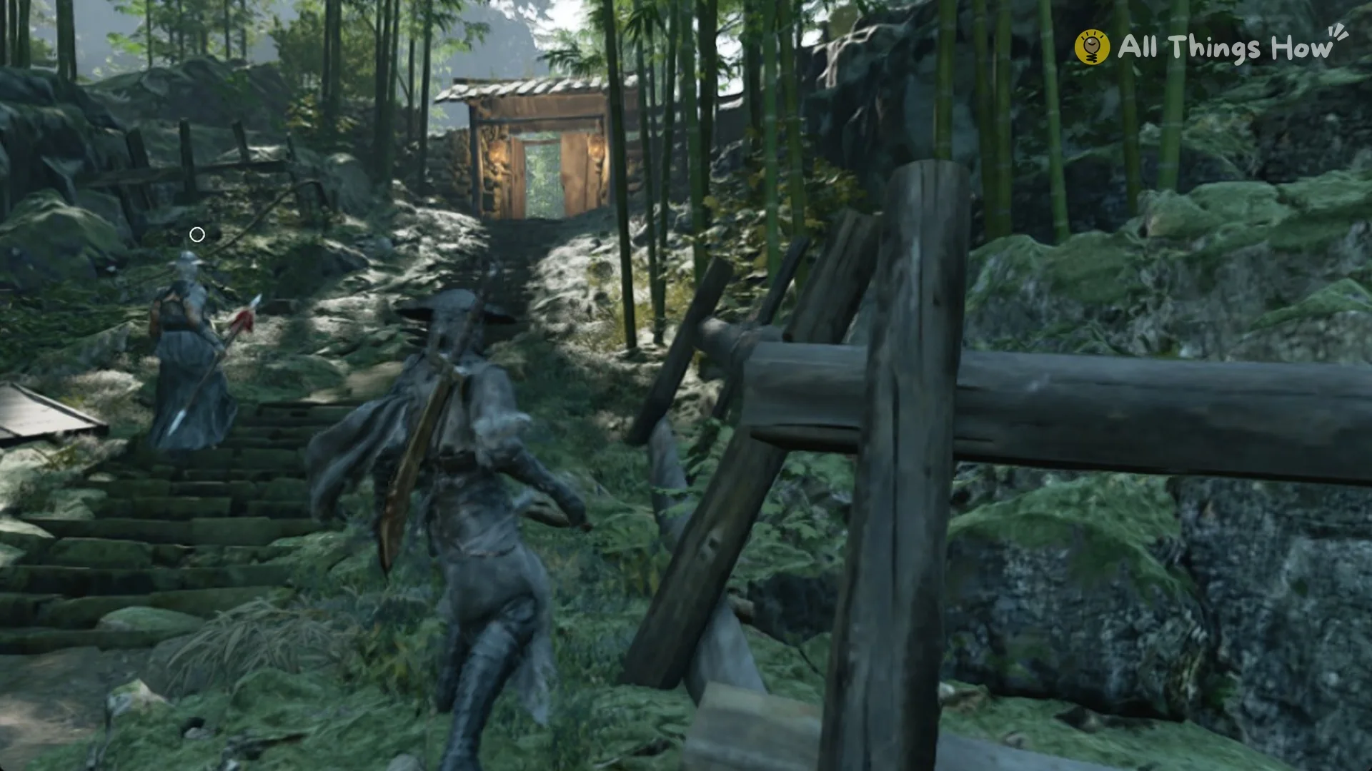 Soul and an enemy on mossy stone steps in a bamboo grove, Weeping Creek Valley, Phantom Blade Zero