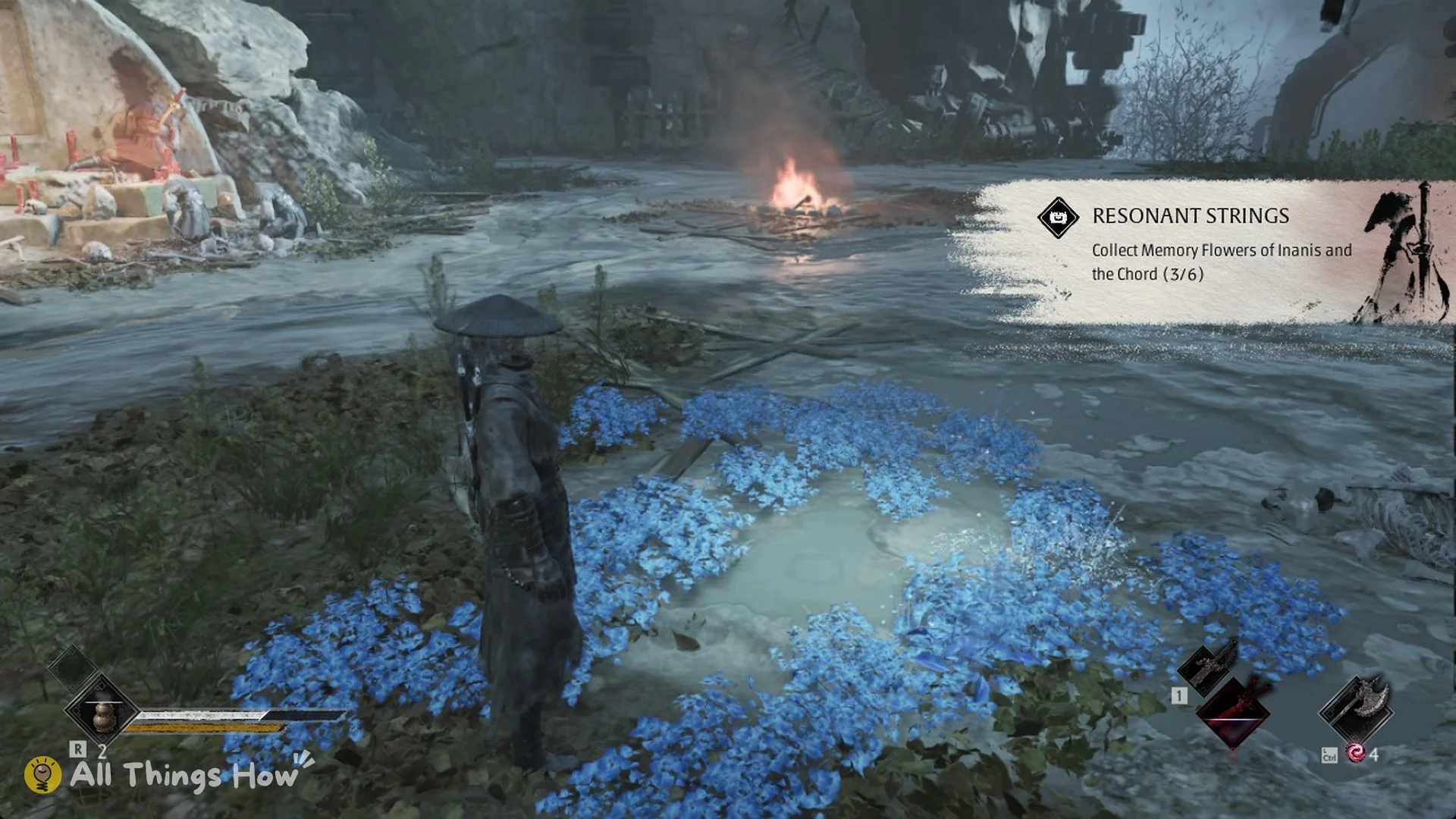 Soul at the petal II flower bed in the Burial Grounds clearing with the Resonant Strings banner, Phantom Blade Zero