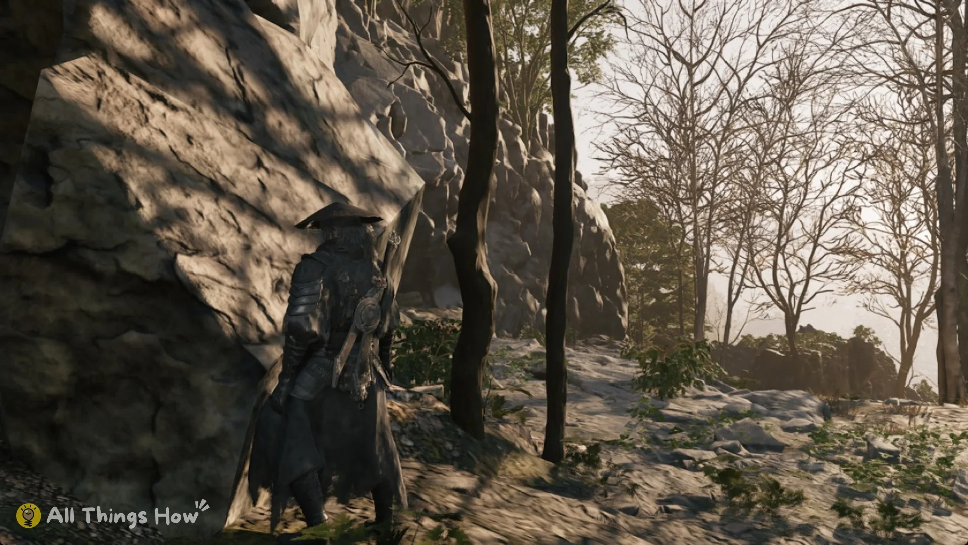 Soul in the shade of a large boulder by bare trees, Phantom Blade Zero