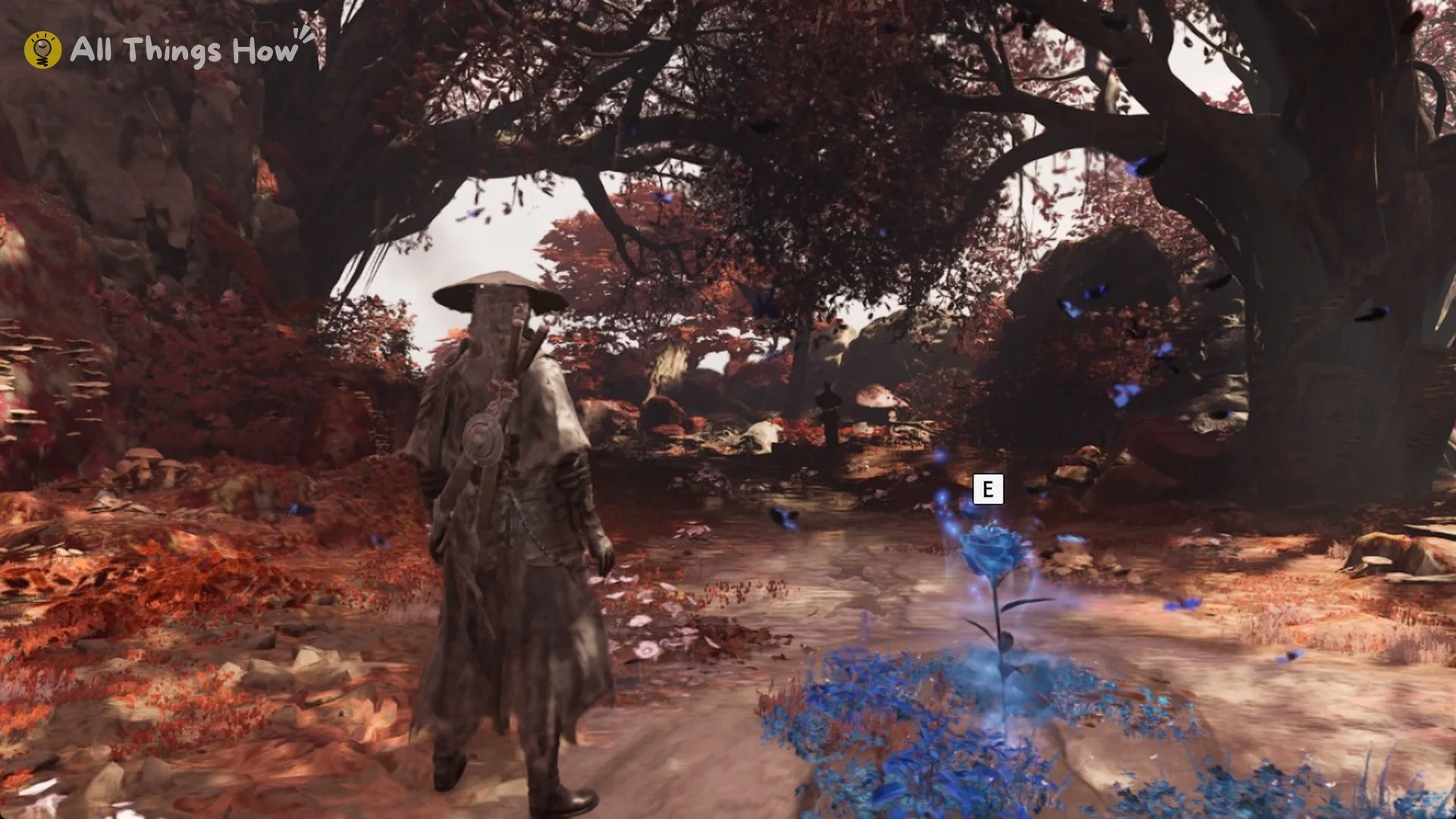 E prompt at the blue Memory Flower near the first Crimson Forest bell in Phantom Blade Zero