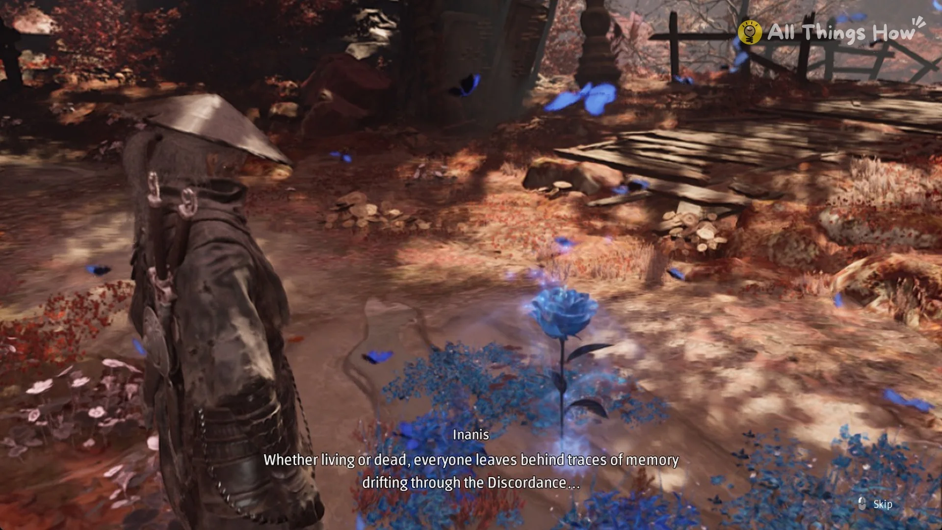 Inanis speaking over the Memory Flower with a subtitle on screen in Phantom Blade Zero